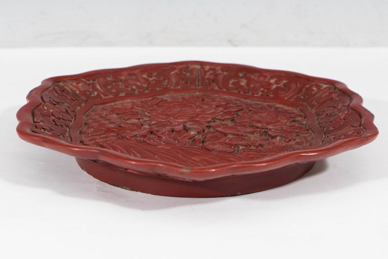Carved Chinese Late 18th Century Hexagonal Cinnabar Plate with Floral Detail