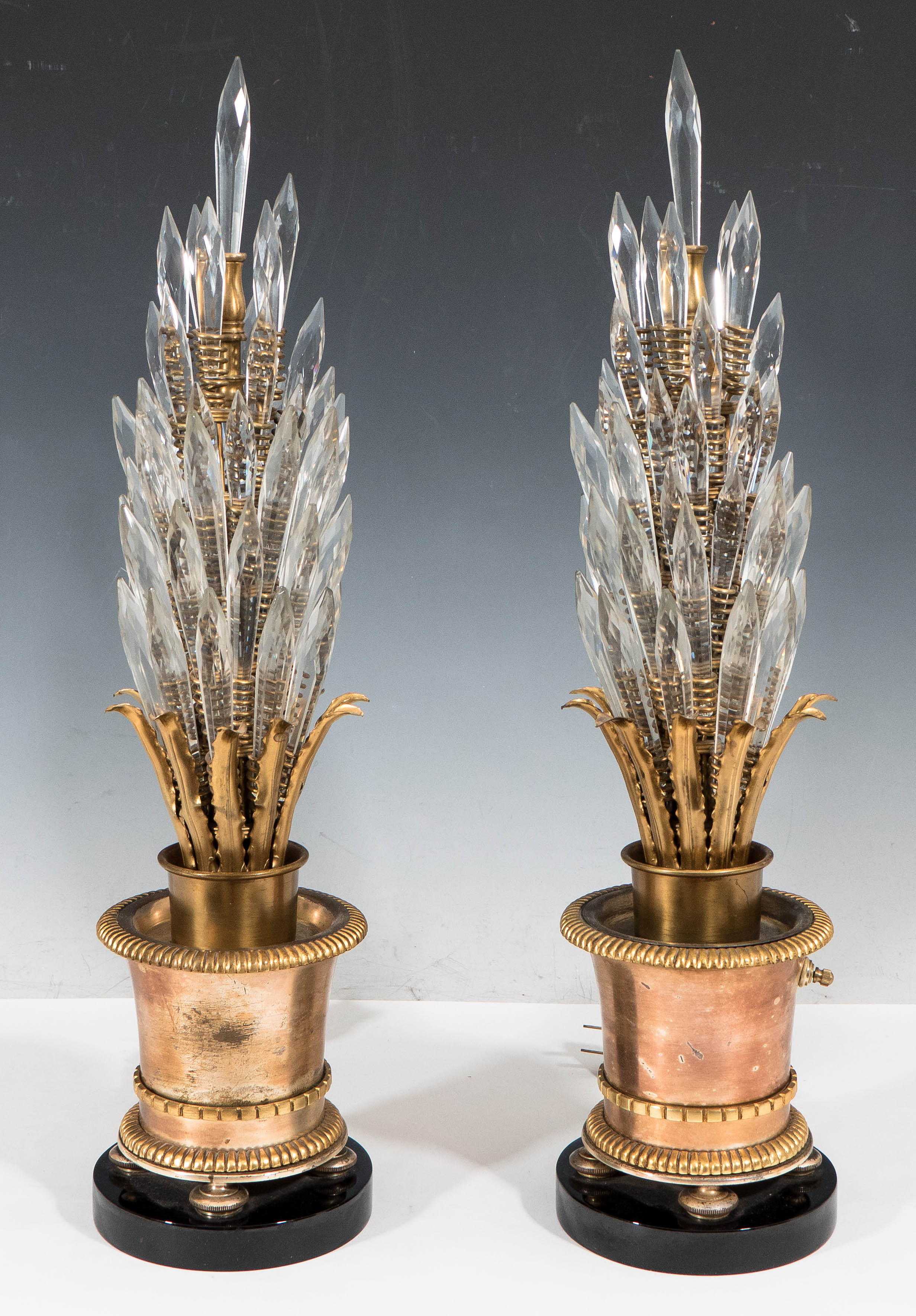 Pair of Mutual Sunset Topiary Form Brass Table Lamps with Austrian Crystals