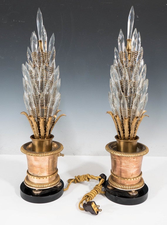 Pair of Mutual Sunset Topiary Form Brass Table Lamps with Austrian Crystals 4
