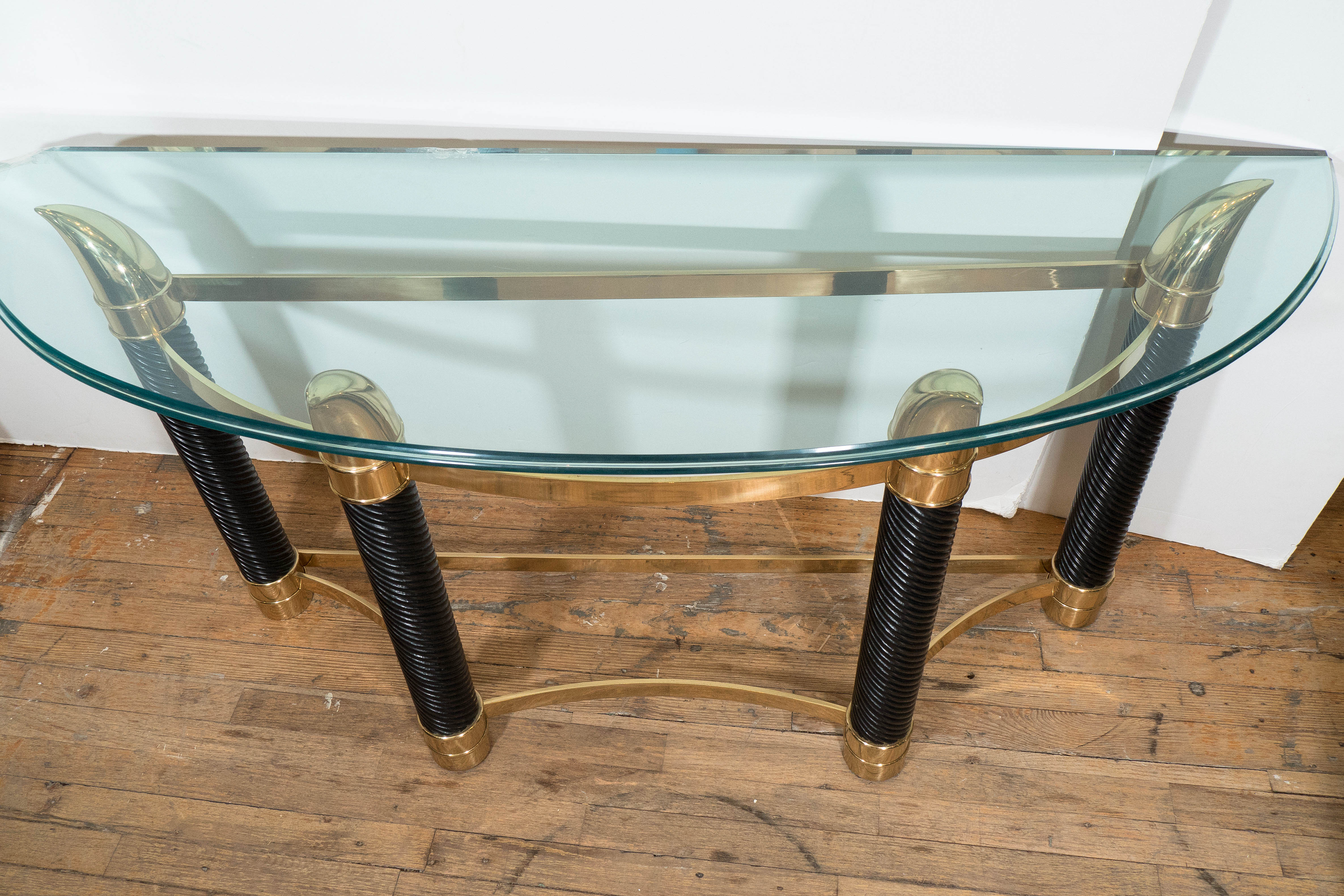 Italian Mezza Luna Console Table with Horn Shaped Base and Beveled Glass Top 1