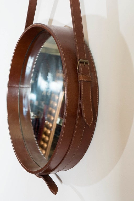 Round Wall Mirror with Brown Faux Leather Strap at 1stDibs faux