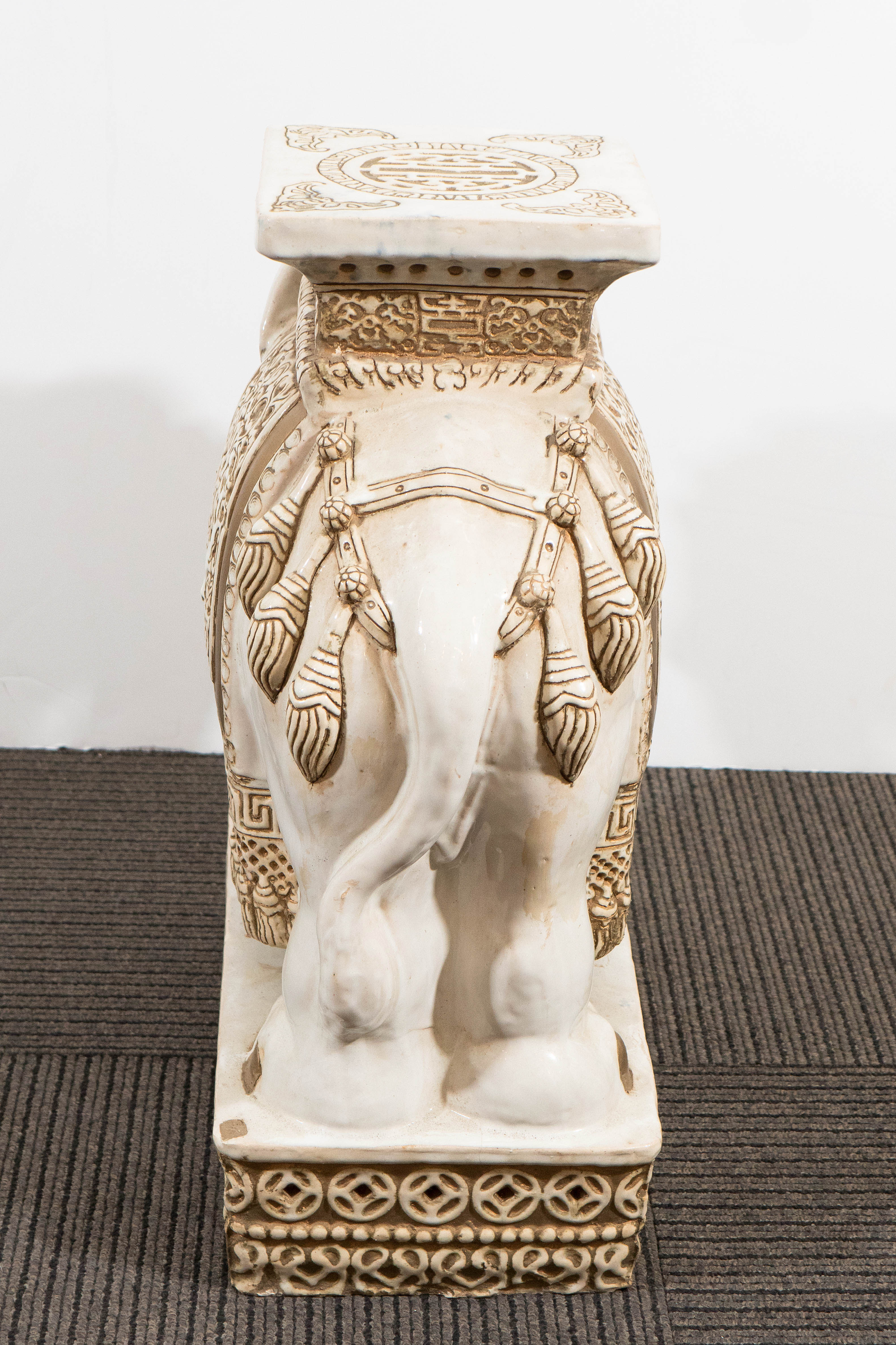 Pair of Off White and Gold Glazed Ceramic Elephant Garden Stools 5
