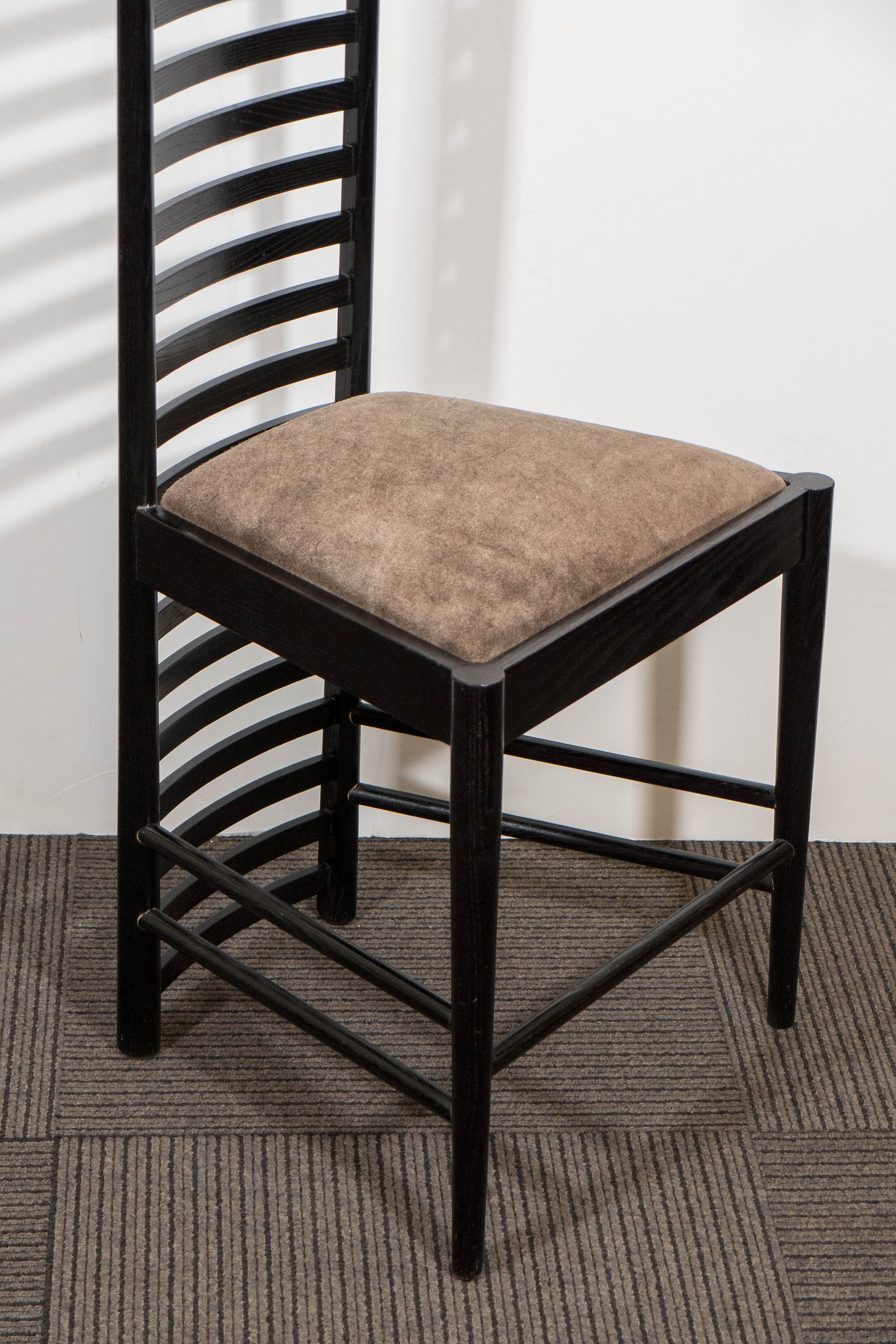 Lacquered Pair of Mackintosh 'Hill House' Ladder Back Chairs with Suede Seats