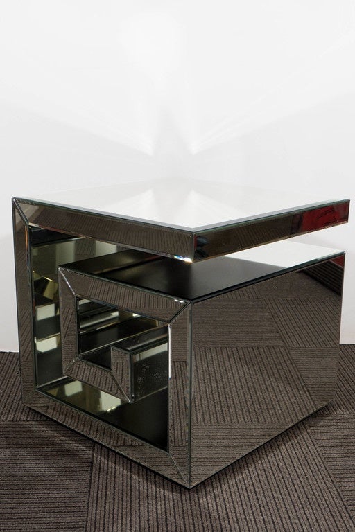 Pair of CustomMade Mirrored Greek Key Side Tables at 1stDibs greek