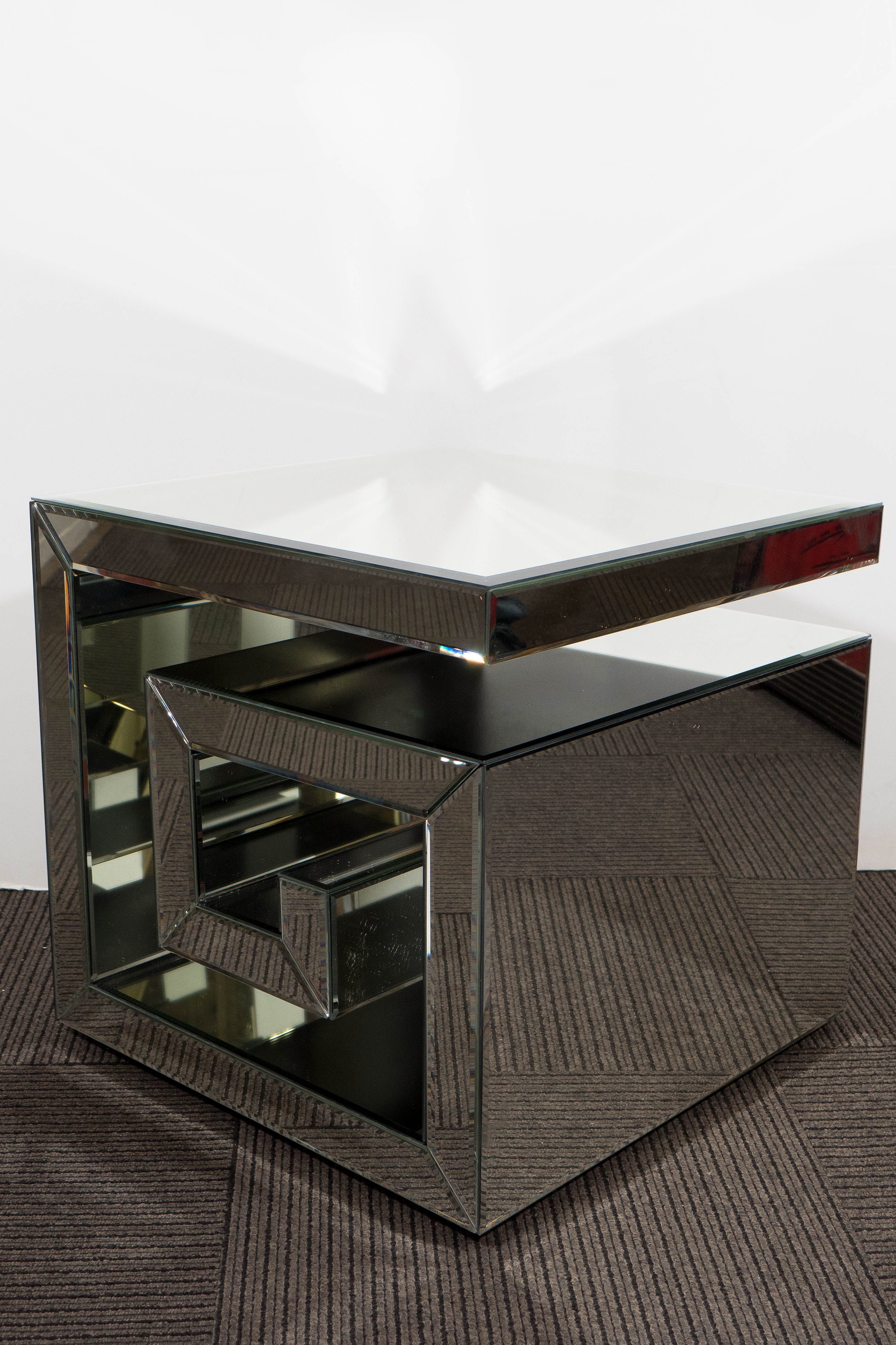 Modern Pair of Custom-Made Mirrored Greek Key Side Tables