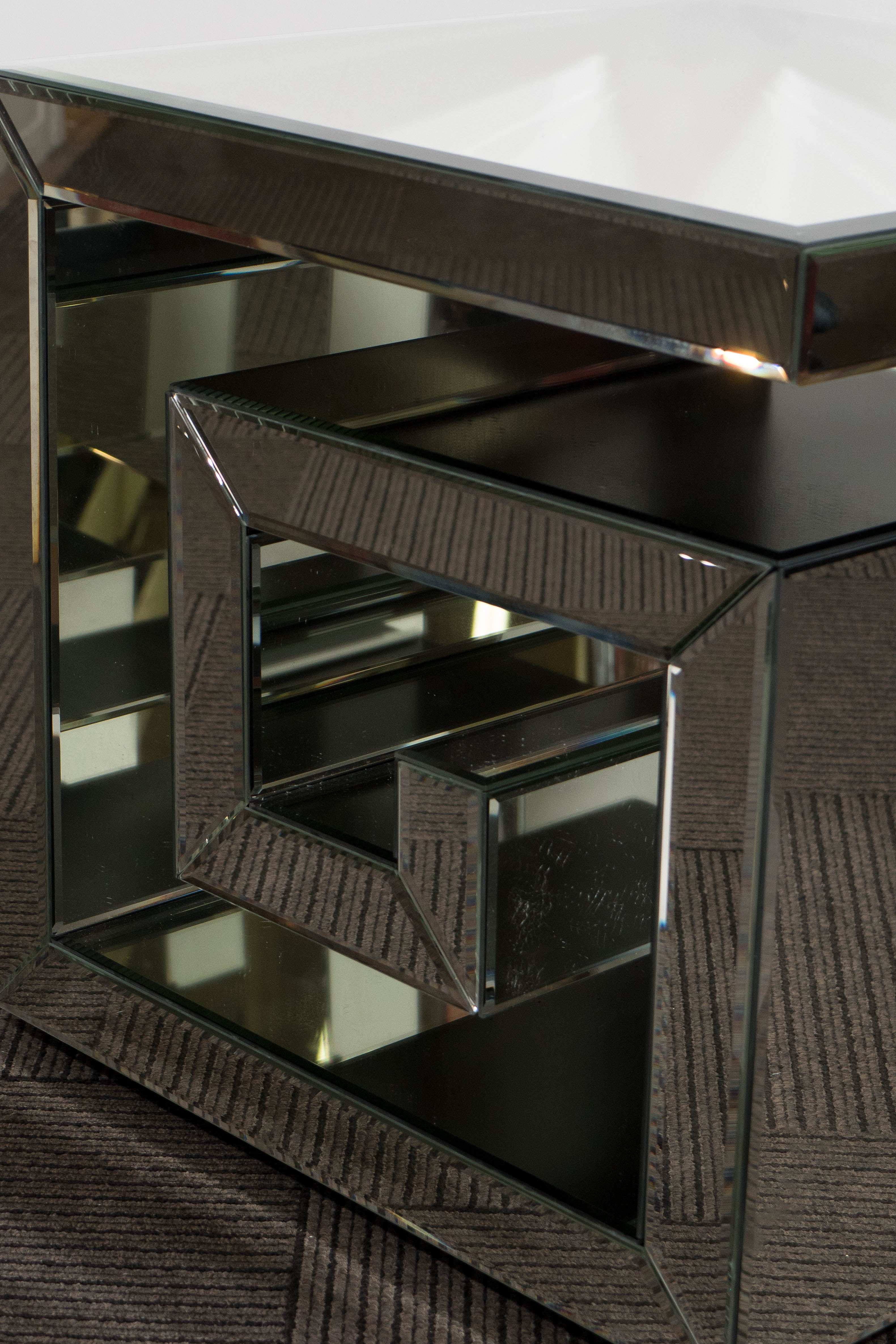 Pair of Custom-Made Mirrored Greek Key Side Tables In Good Condition In Astoria, NY