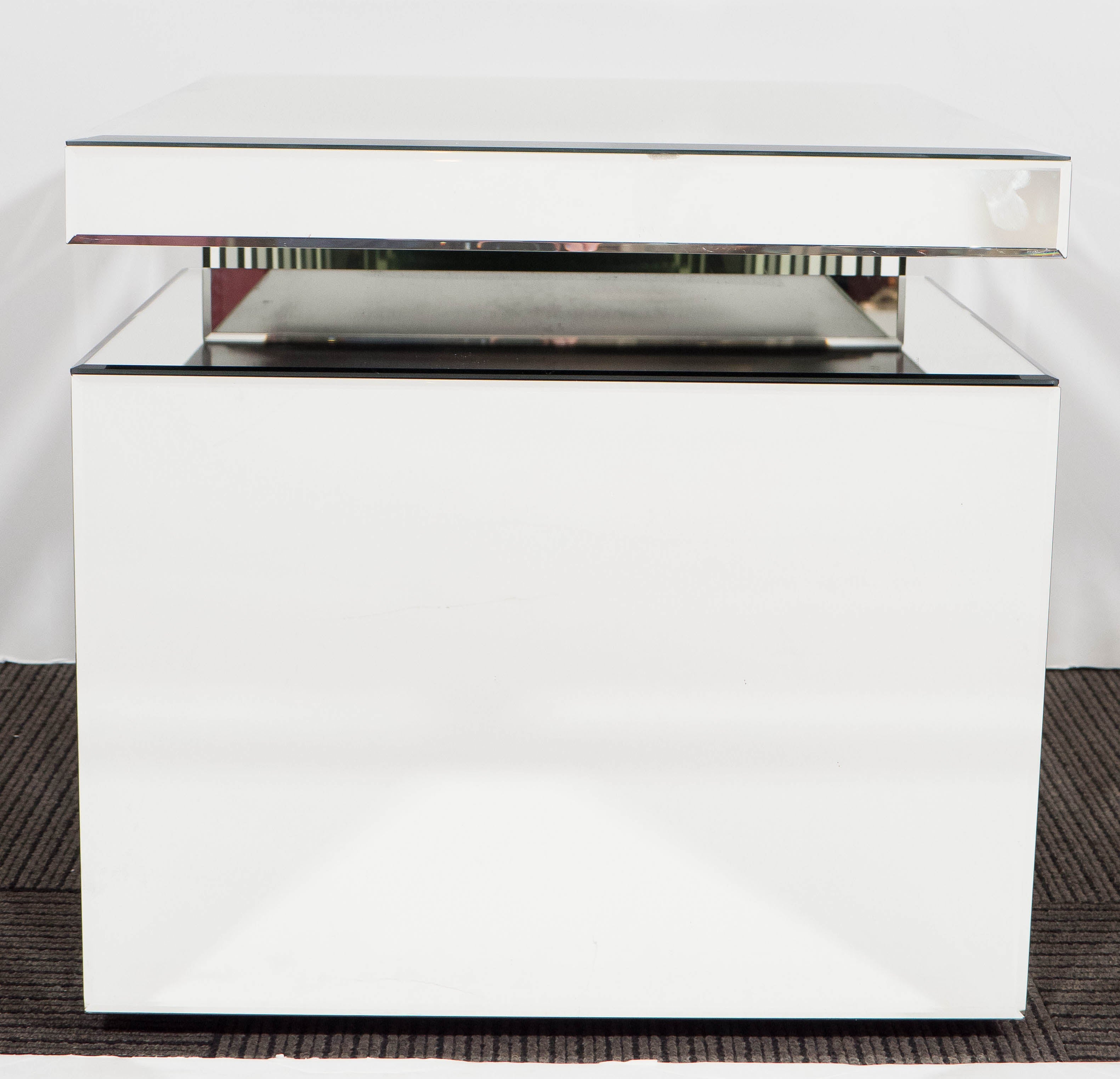 Contemporary Pair of Custom-Made Mirrored Greek Key Side Tables