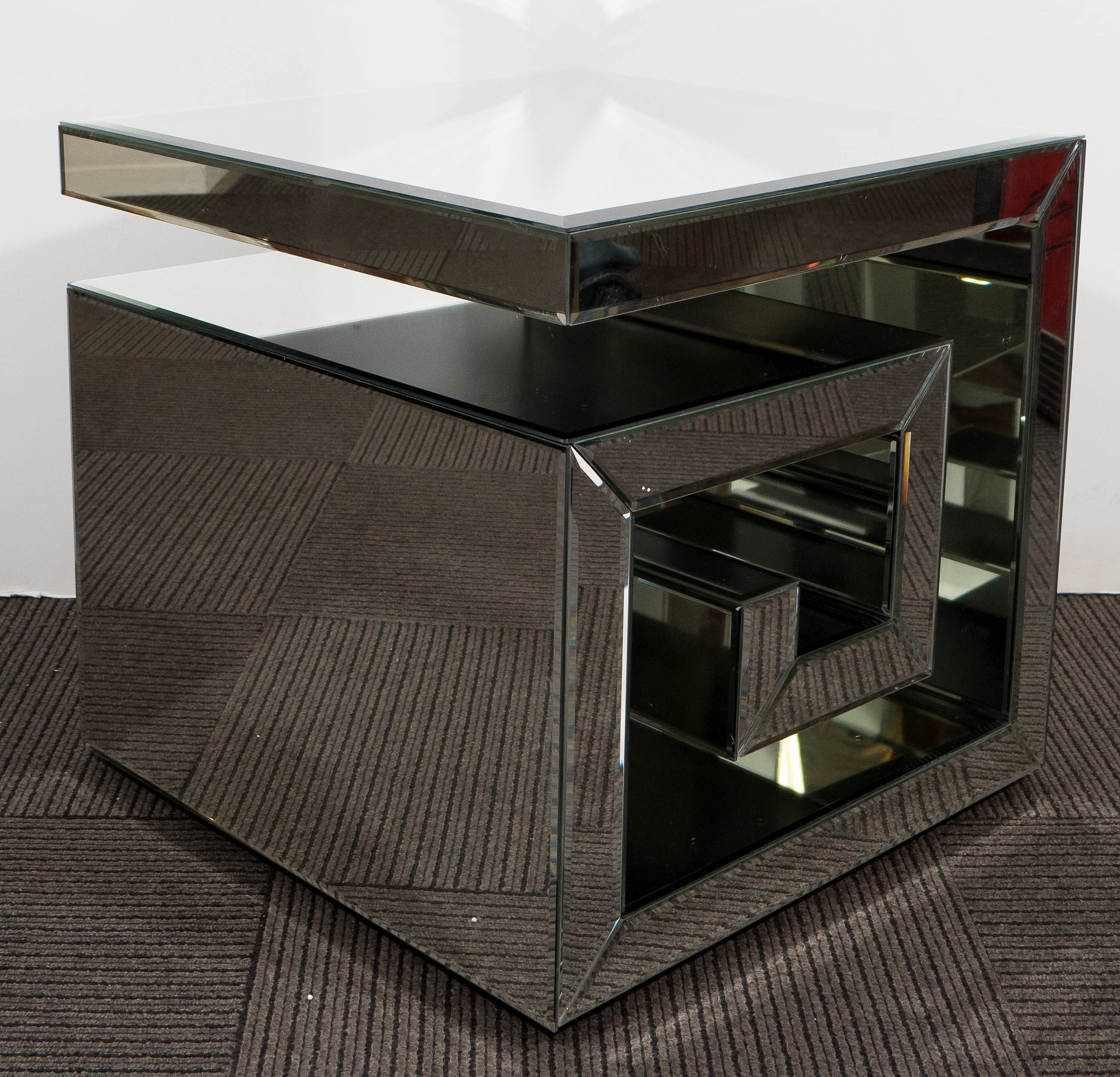 Metal Pair of Custom-Made Mirrored Greek Key Side Tables