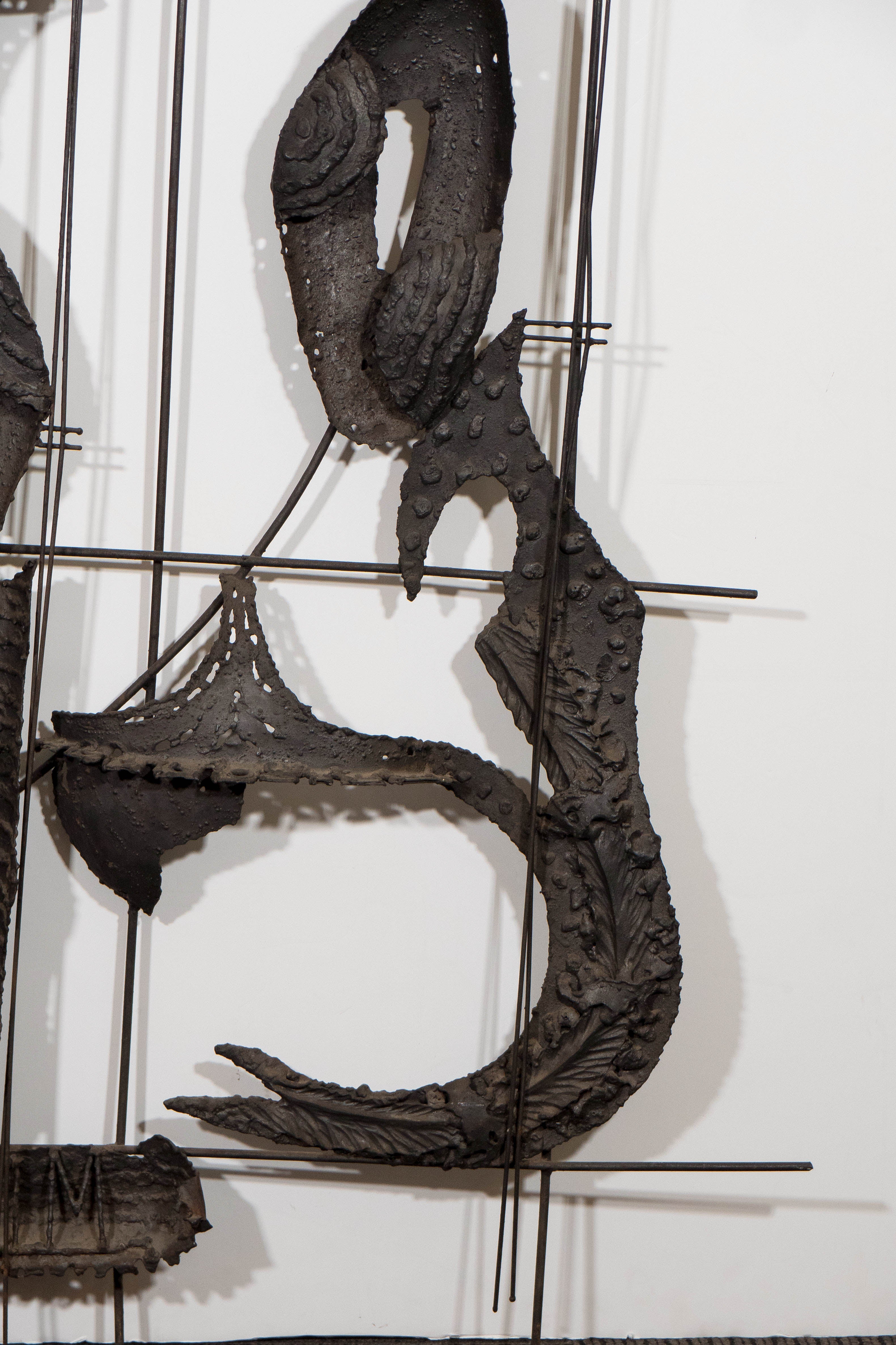 Late 20th Century Brutalist Iron Wall Sculpture of Two Mermaids in the Style of Paul Evans For Sale
