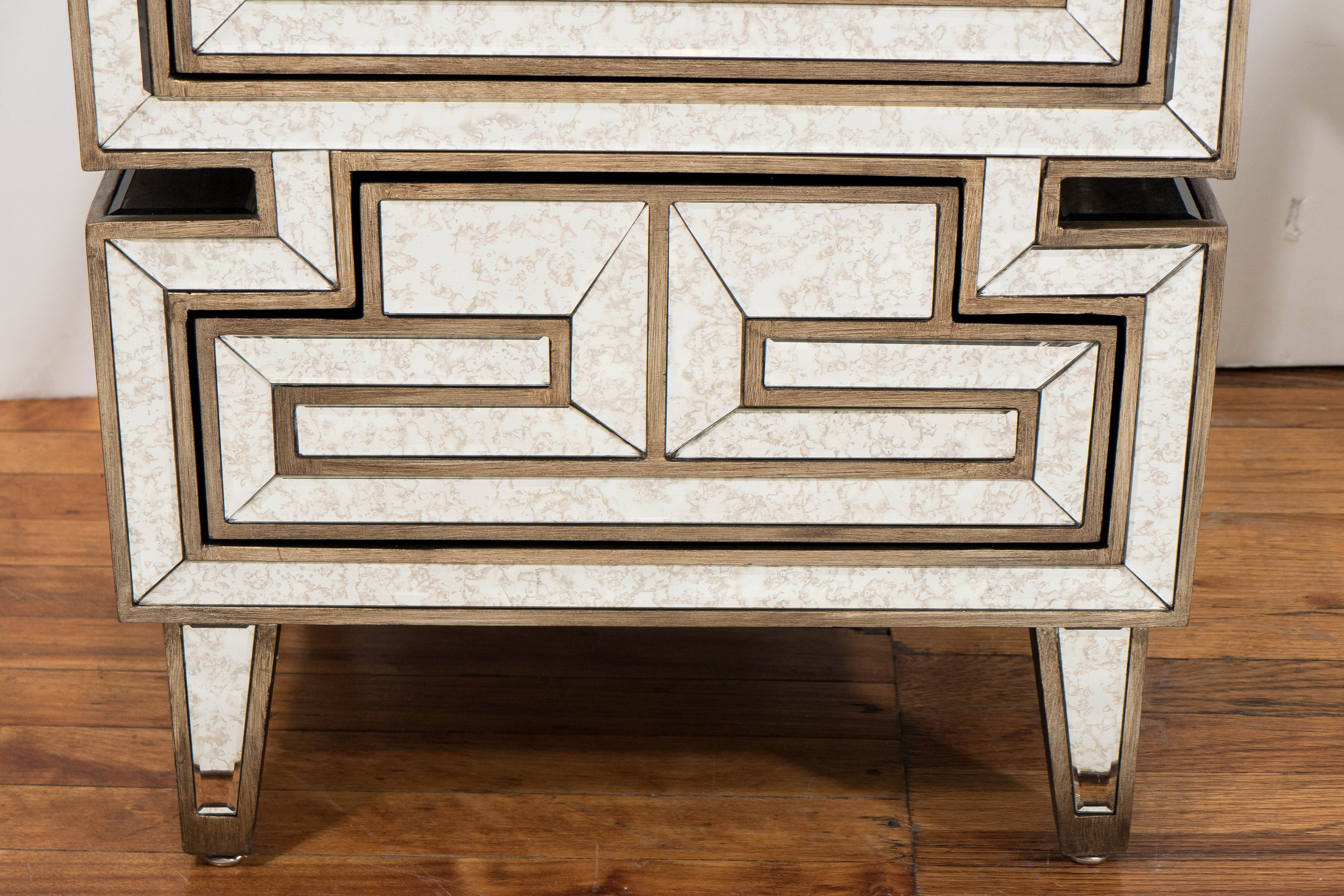 Beveled Pair of Asian Inspired Custom-Made Eglomise Side Tables and Night Stands