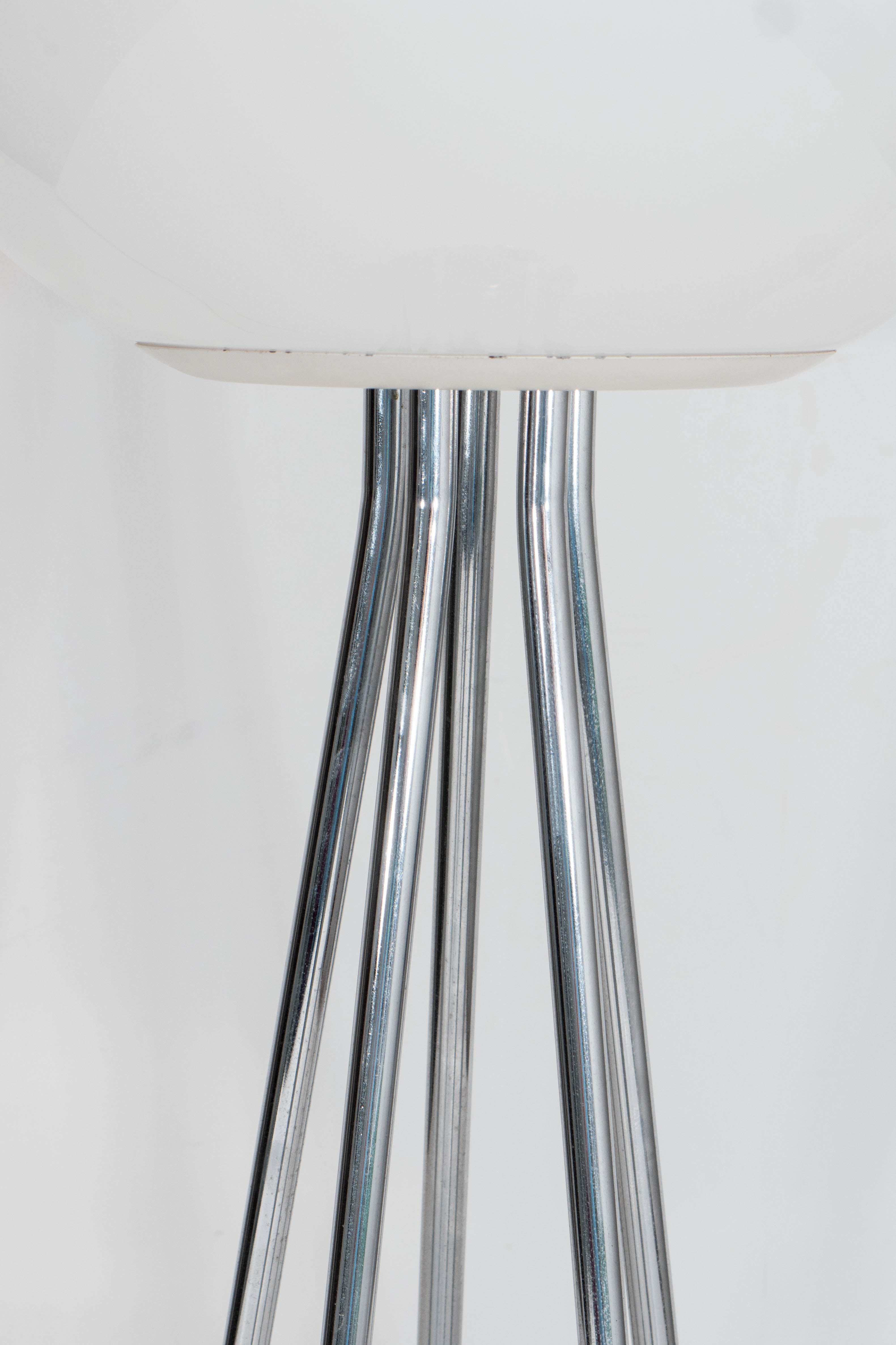 Modern Pair of Midcentury Milk Glass Globe Table Lamps on Chrome Spire Legs