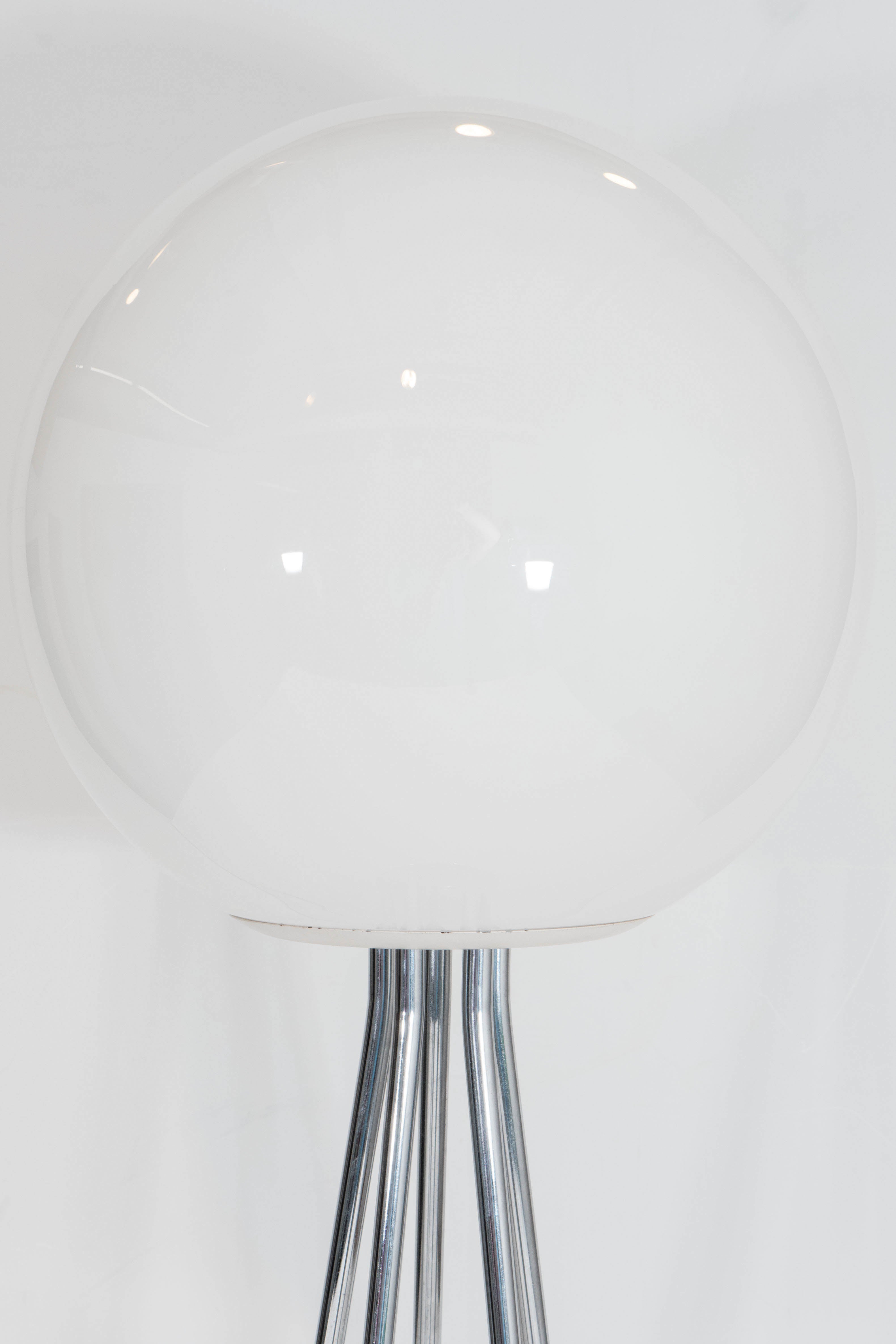 Polished Pair of Midcentury Milk Glass Globe Table Lamps on Chrome Spire Legs