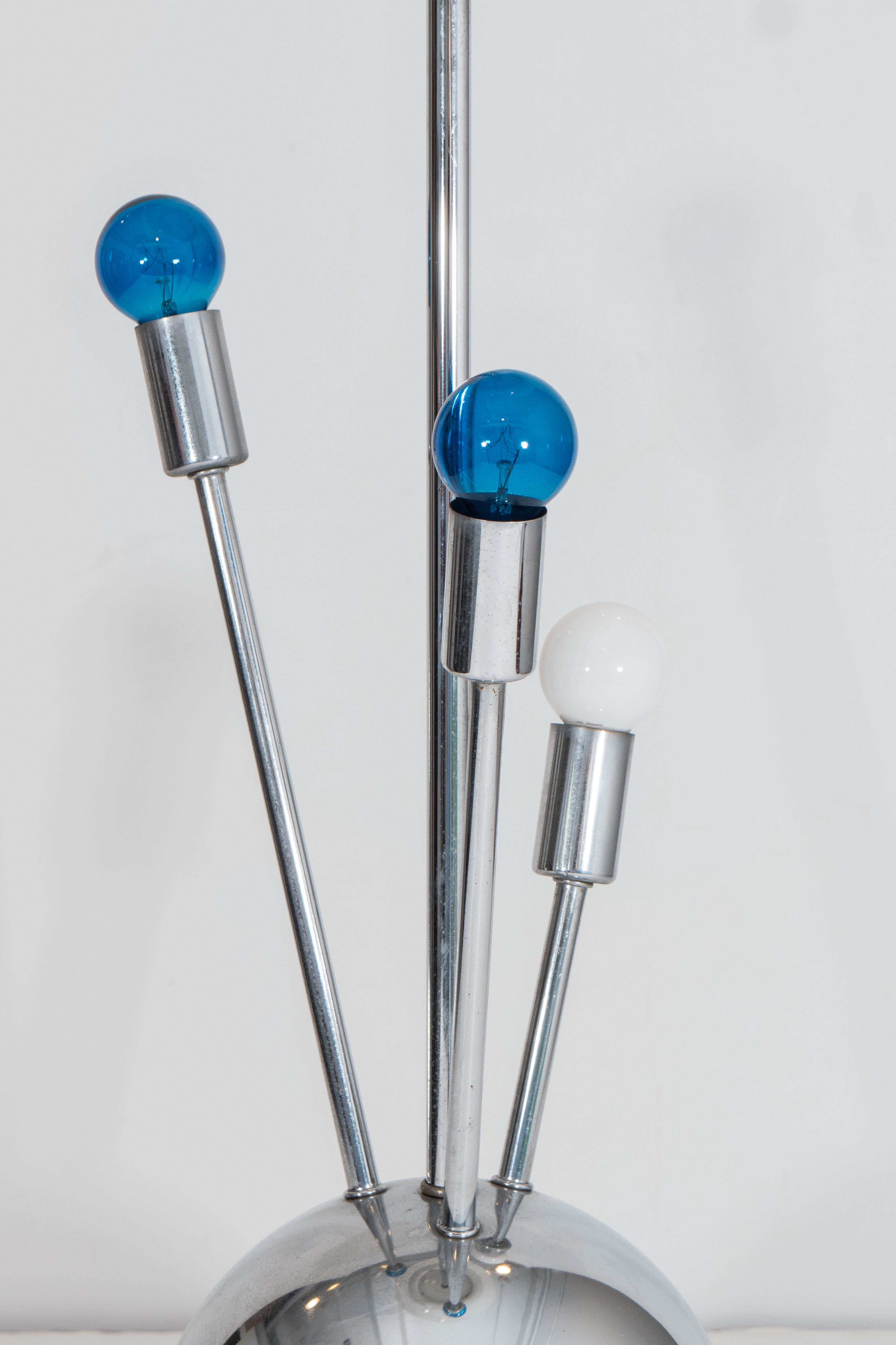 Mid-Century Modern Pair of Chrome Laurel Lamps with White Glass Globe Shades and Radiating Lights