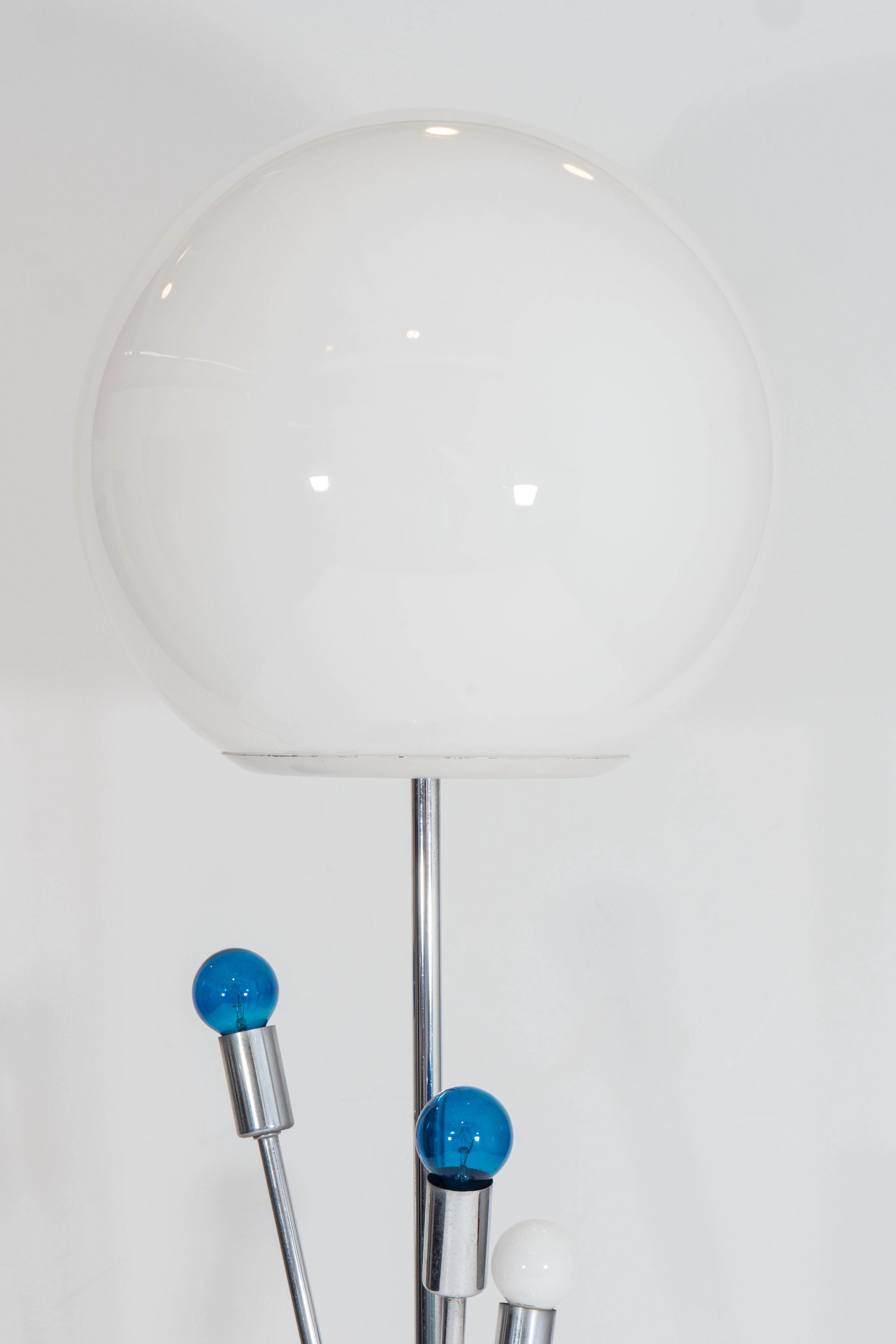 American Pair of Chrome Laurel Lamps with White Glass Globe Shades and Radiating Lights