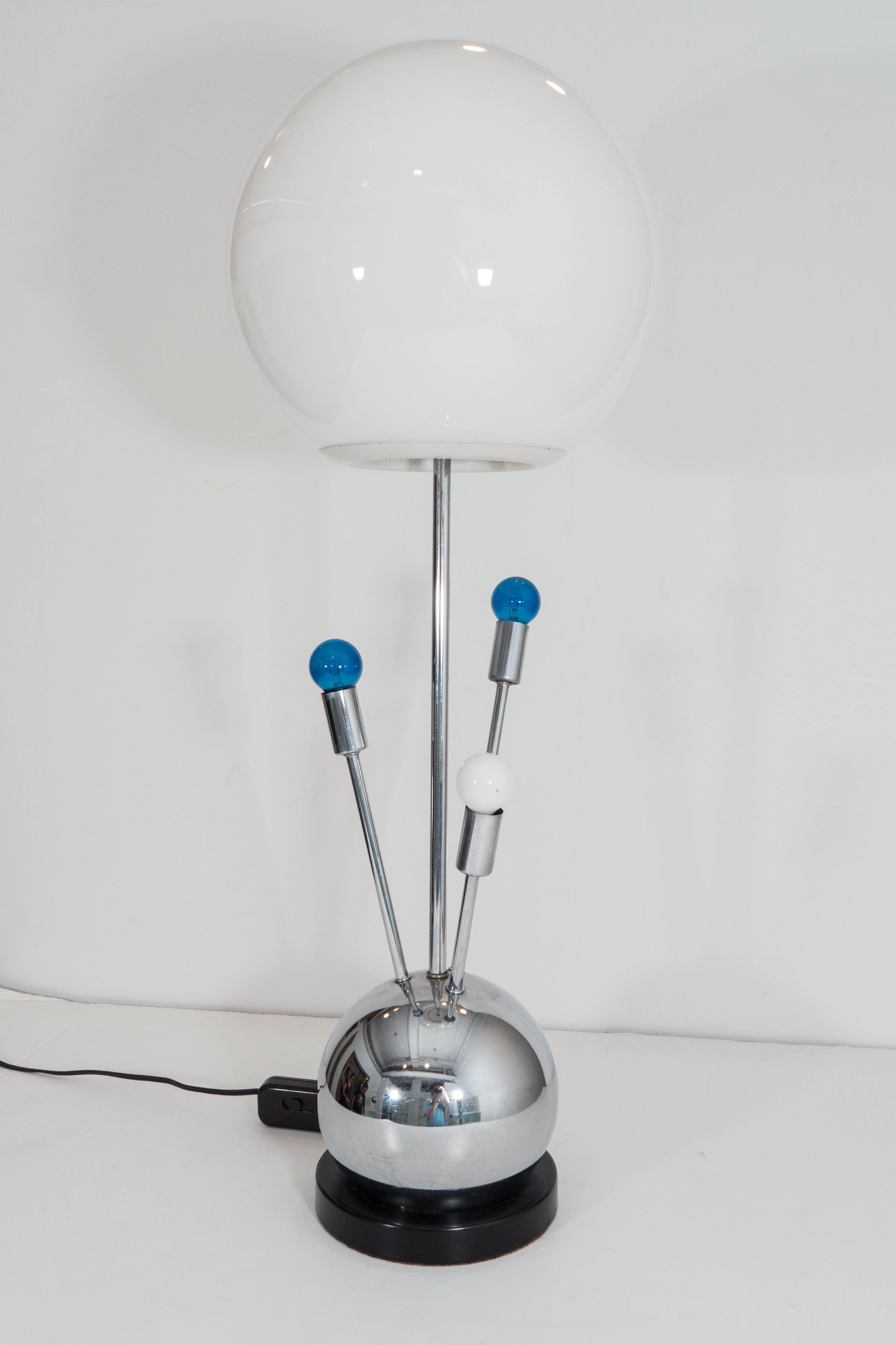 Pair of Chrome Laurel Lamps with White Glass Globe Shades and Radiating Lights In Good Condition In Astoria, NY