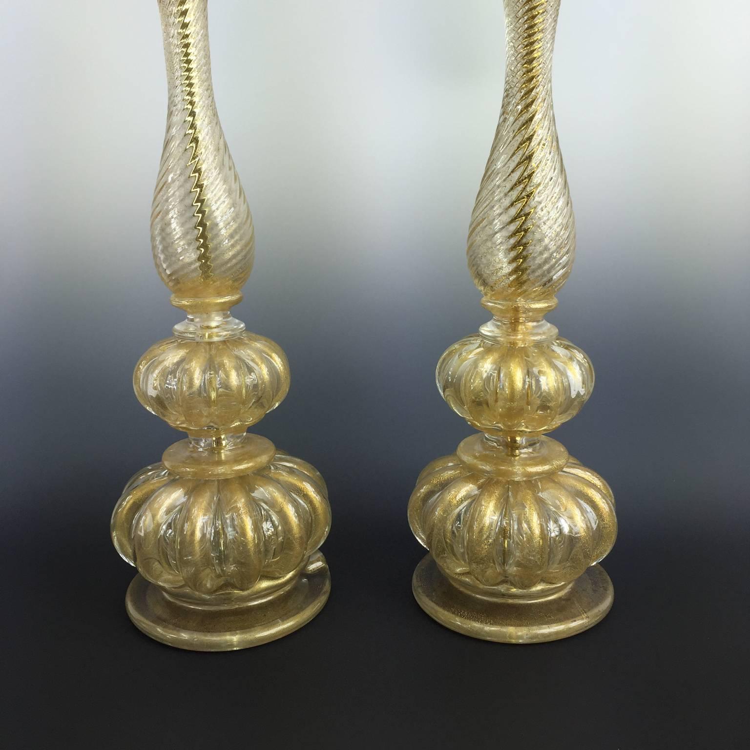 Brass A Pair of Murano Glass Cordonato d'Oro Lamps by Barovier & Toso