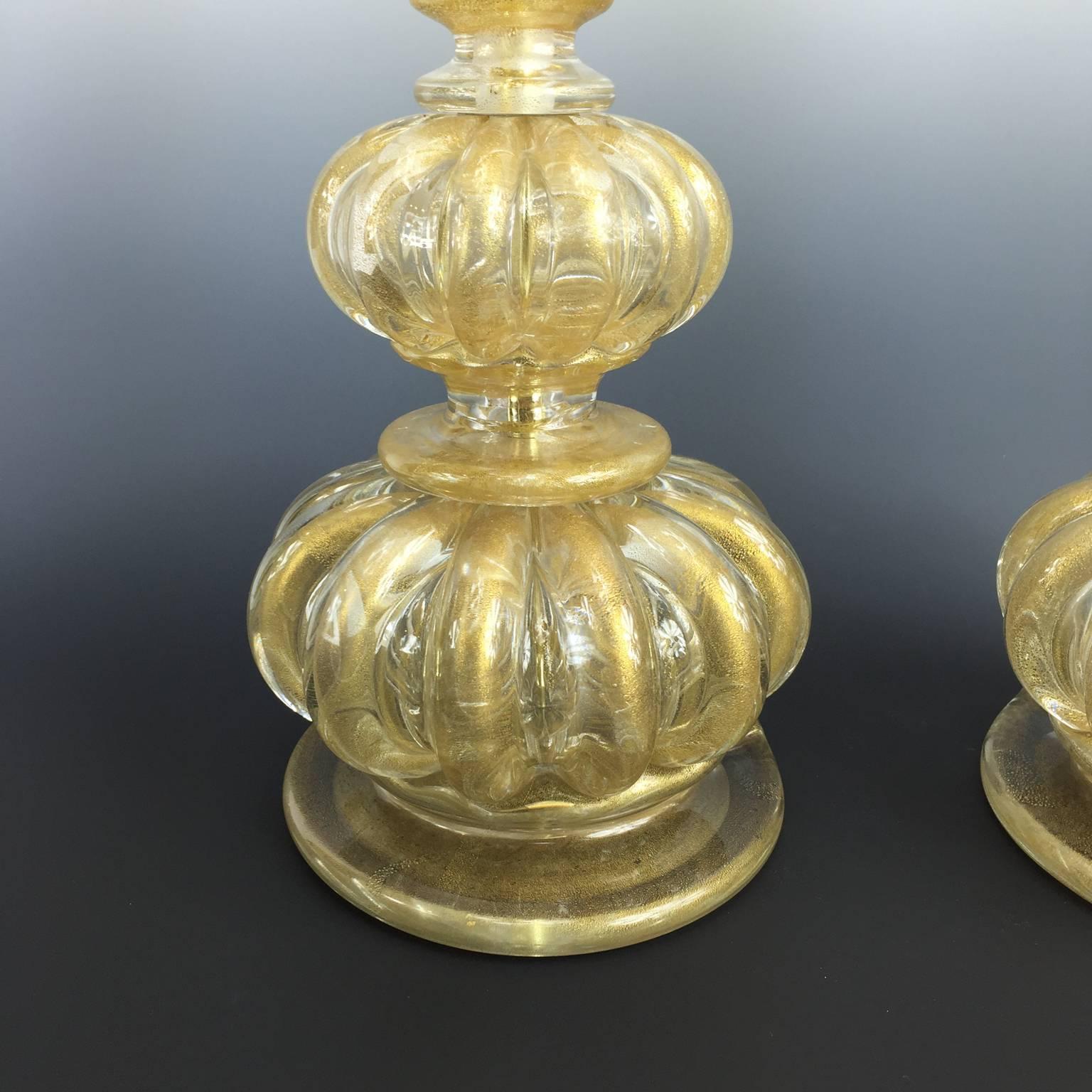 Italian A Pair of Murano Glass Cordonato d'Oro Lamps by Barovier & Toso