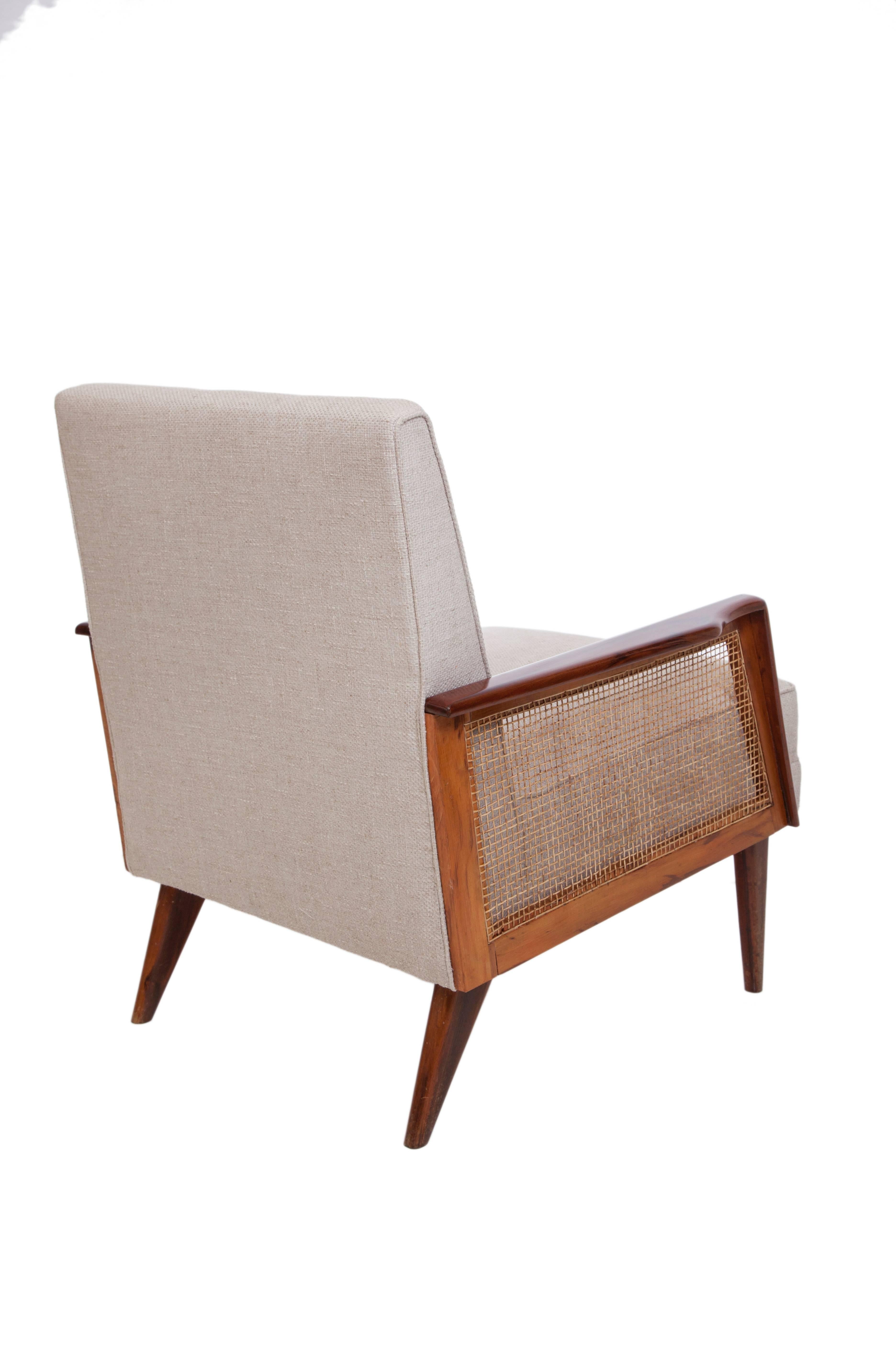 Mid-Century Modern Midcentury Brazilian Caviuna Armchair Upholstered in Linen with Caned Sides