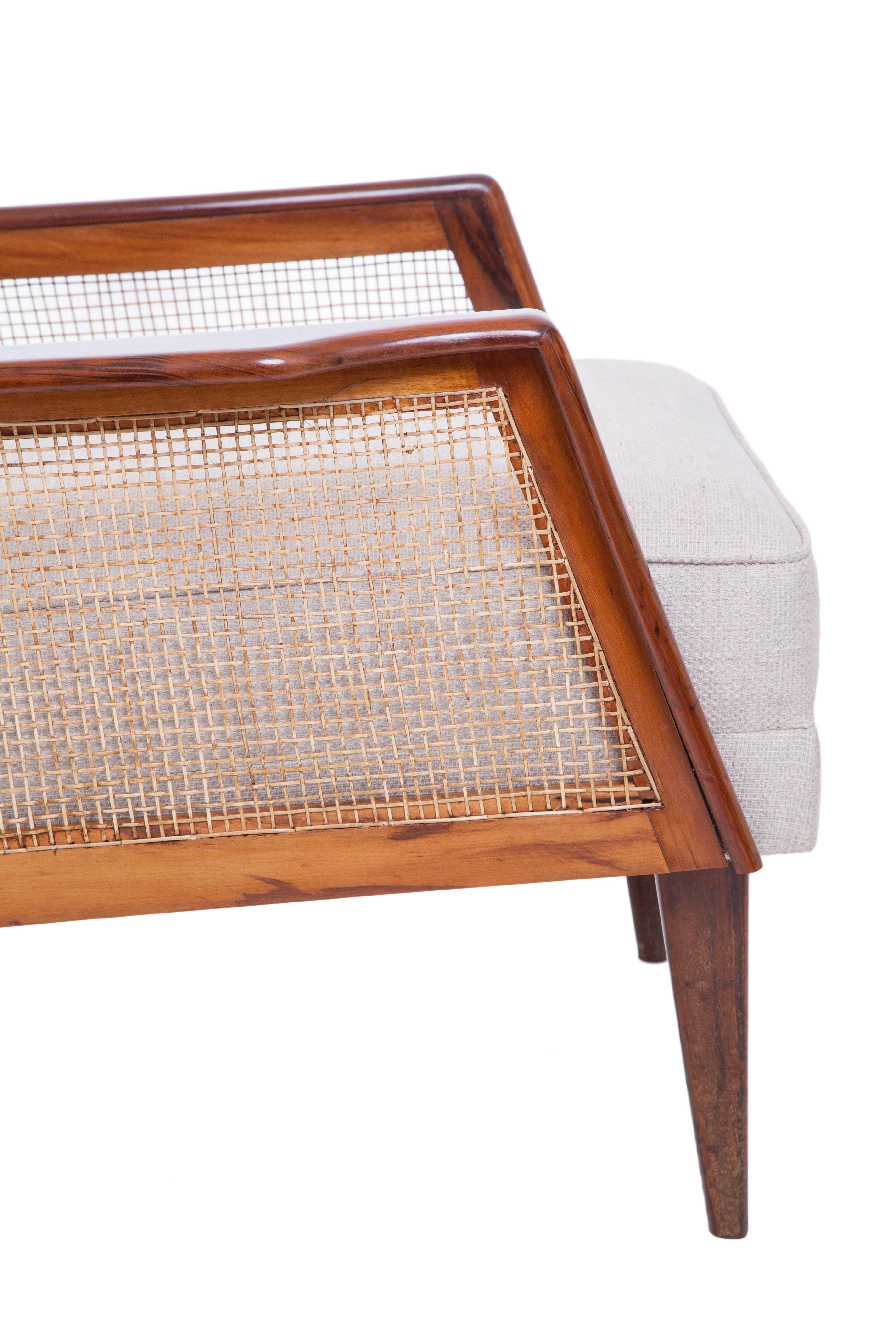 Woven Midcentury Brazilian Caviuna Armchair Upholstered in Linen with Caned Sides