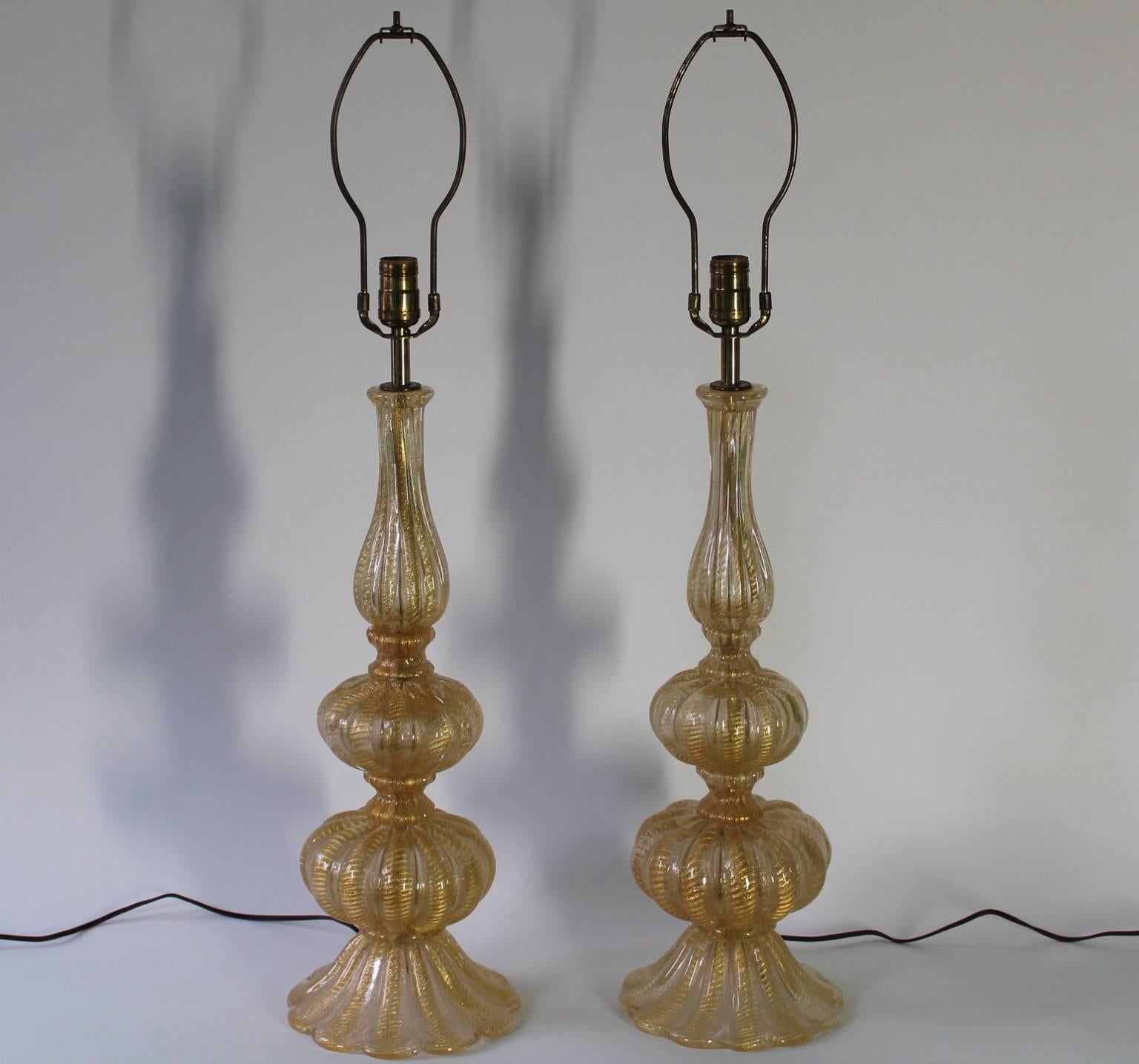 Midcentury Pair of Murano Glass Cordonato d'oro Table Lamps by Barovier & Toso 1
