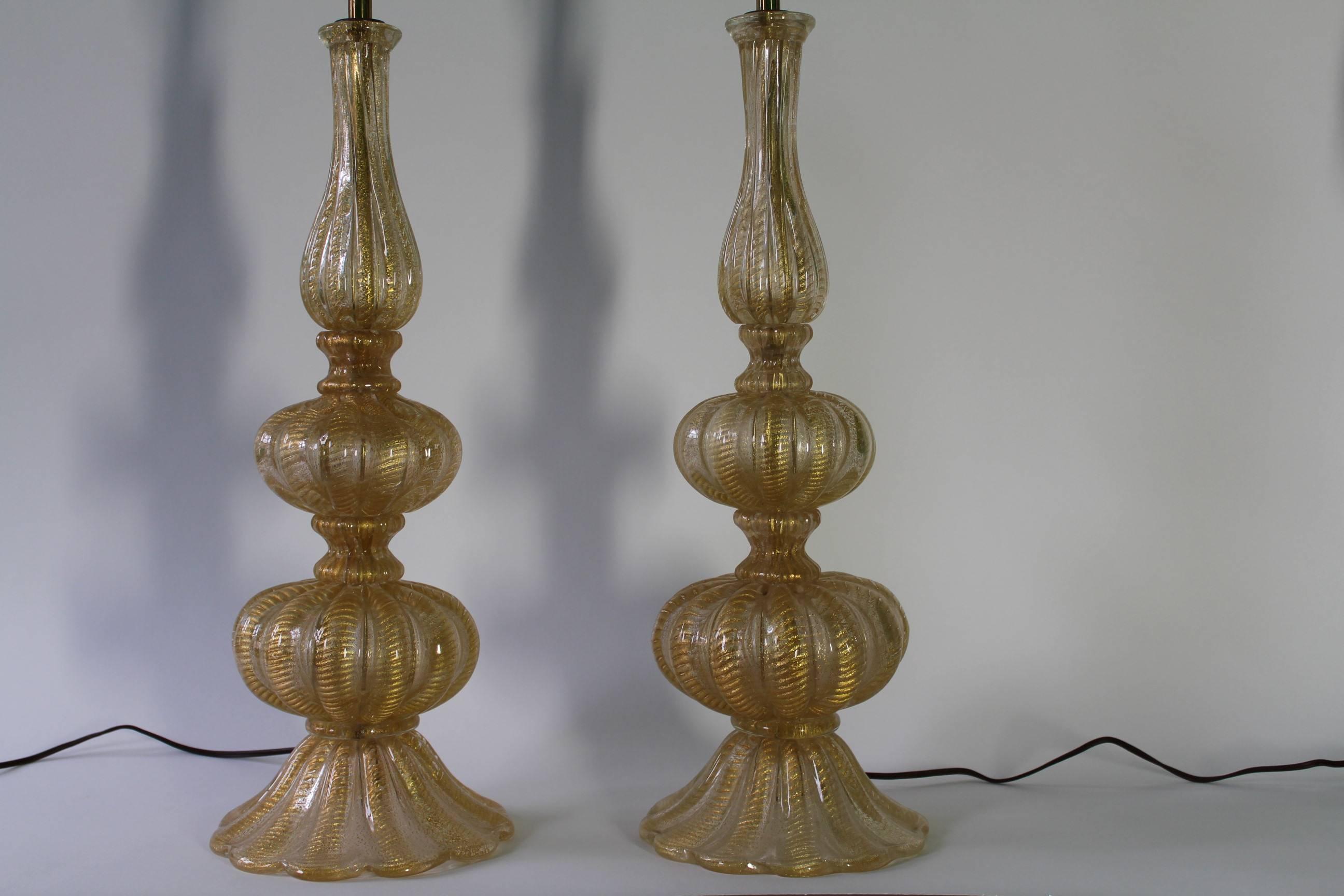 Midcentury Pair of Murano Glass Cordonato d'oro Table Lamps by Barovier & Toso In Good Condition In New York, NY