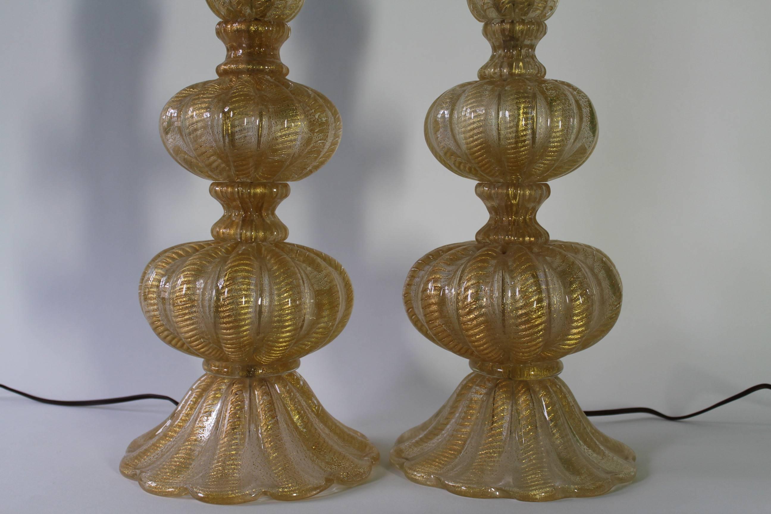 Mid-20th Century Midcentury Pair of Murano Glass Cordonato d'oro Table Lamps by Barovier & Toso