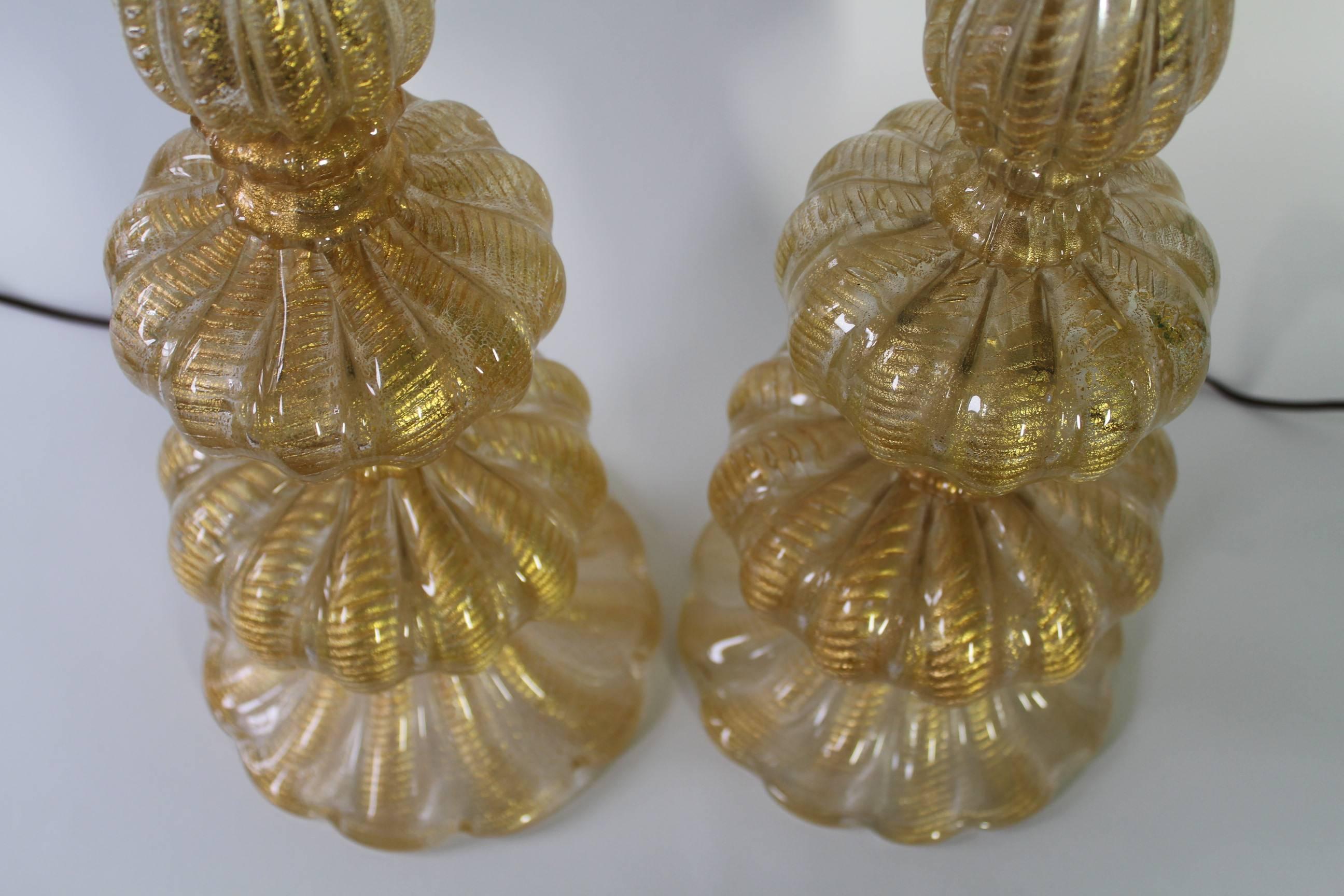 Italian Midcentury Pair of Murano Glass Cordonato d'oro Table Lamps by Barovier & Toso