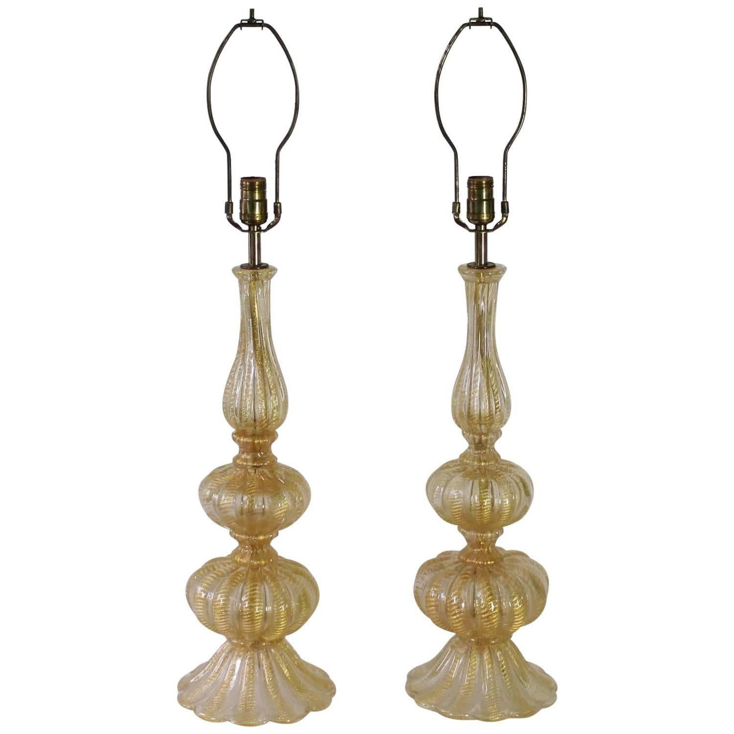 Midcentury Pair of Murano Glass Cordonato d'oro Table Lamps by Barovier & Toso