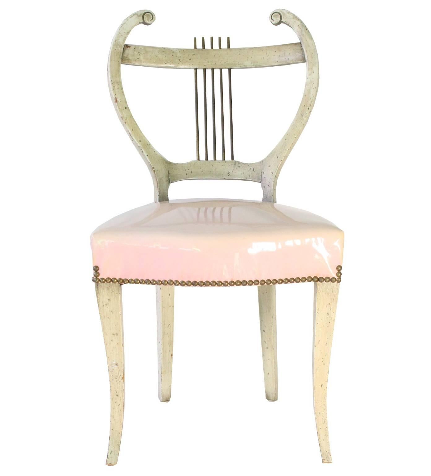 Regency Revival Midcentury Set of Four French Regency Lyre-Back Dining Chairs with Vinyl Seats