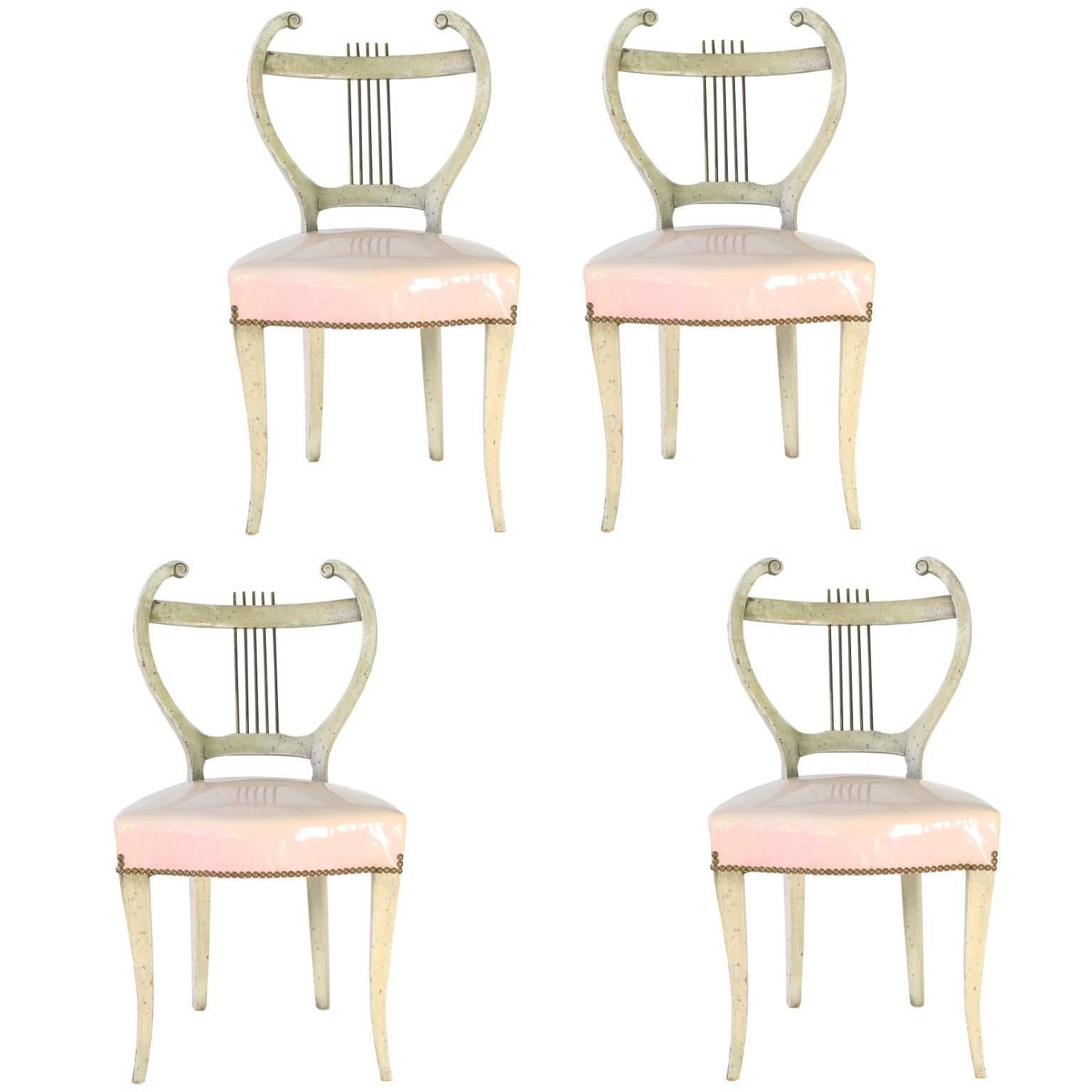 Midcentury Set of Four French Regency Lyre-Back Dining Chairs with Vinyl Seats