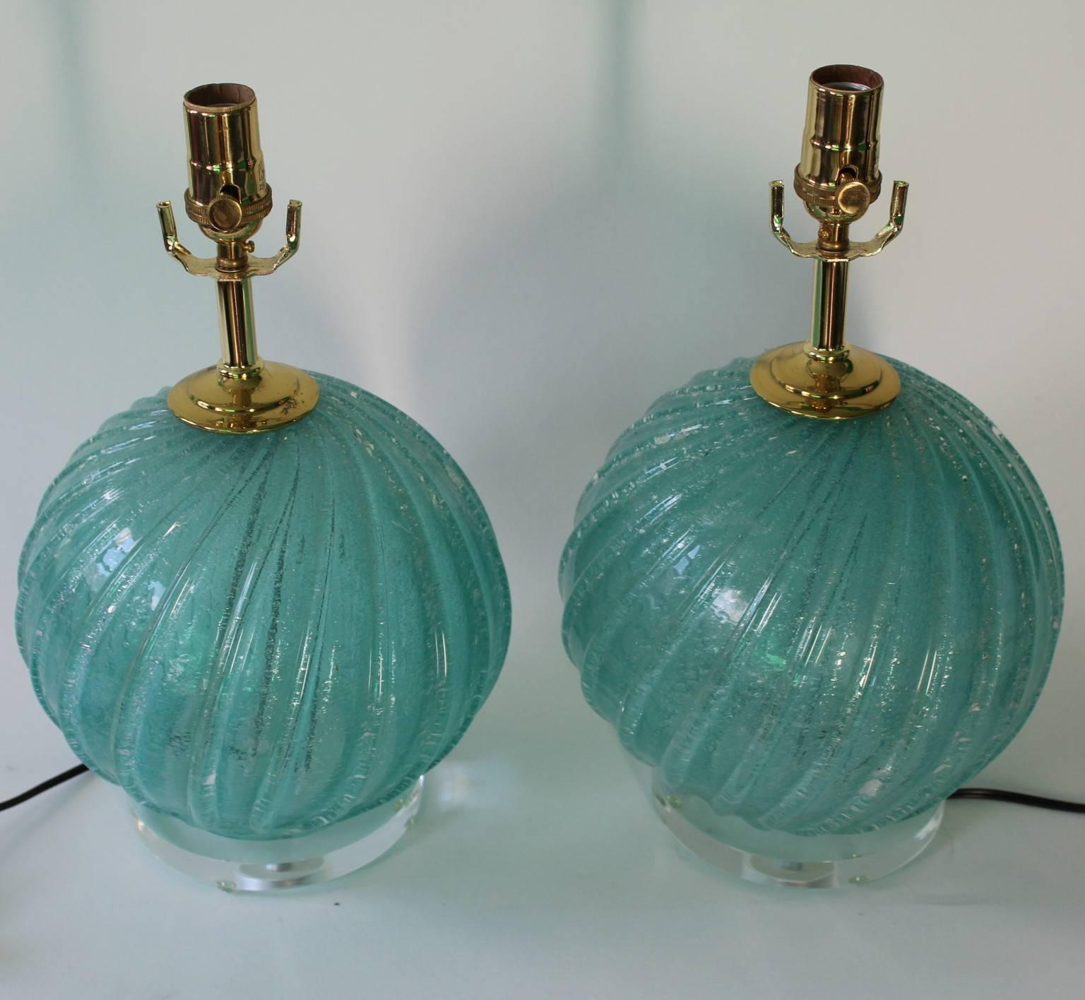 Mid-Century Modern Pair of Aquamarine Murano Glass Ball Lamps on Lucite Bases