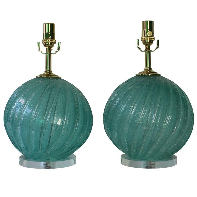 Pair of Aquamarine Murano Glass Ball Lamps on Lucite Bases For Sale at