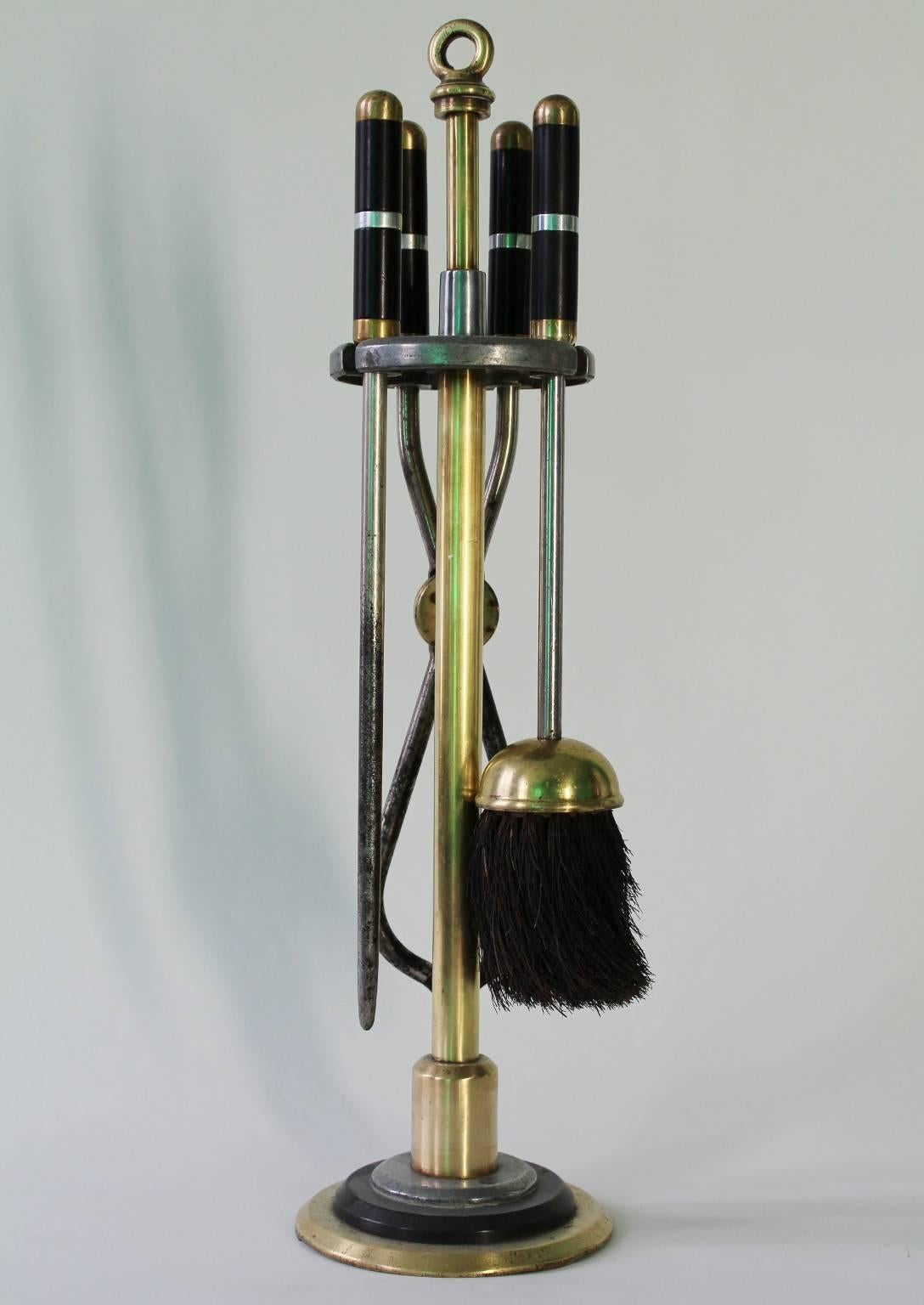 Set of Art Deco Brass Fireplace Tools on Stand with Bakelite Detail In Good Condition In New York, NY