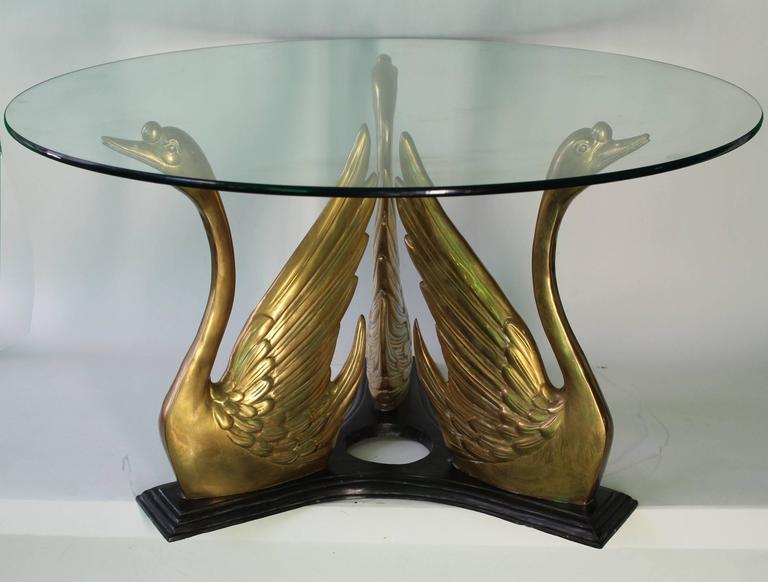 Hollywood Regency Style Glass Top Coffee Table with Brass Swan Trio