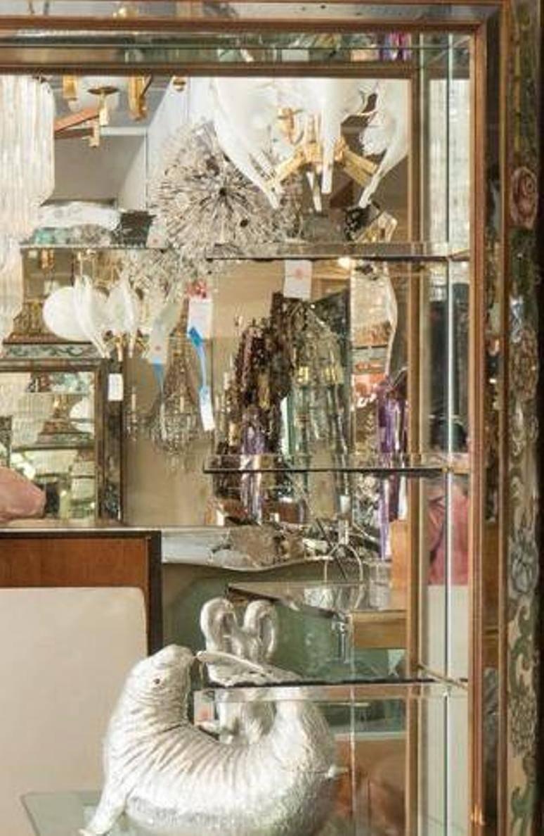 Painted Hollywood Regency Shadow Box Wall Mirror with Glass Display Shelves