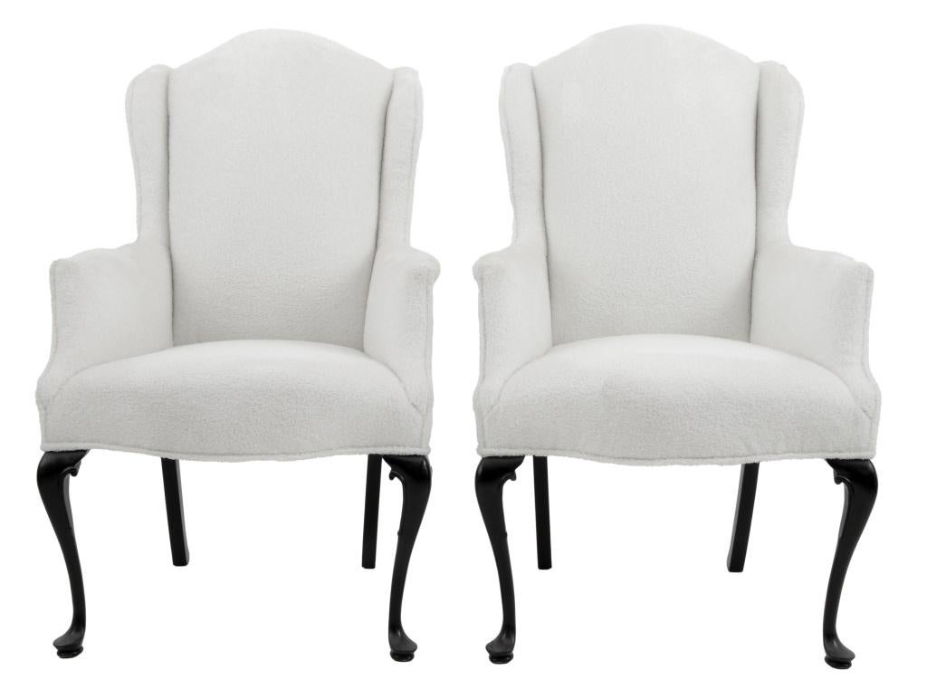 Pair of Queen Anne Style White Boucle Covered Wingback Armchairs, on ebonized cabriole legs. 44.5