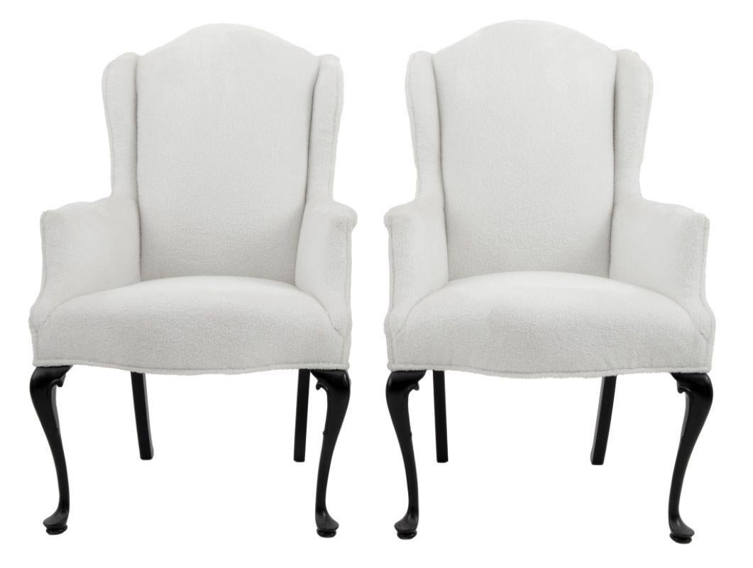 Ebonized Pair of Queen Anne Style Wingback Chairs