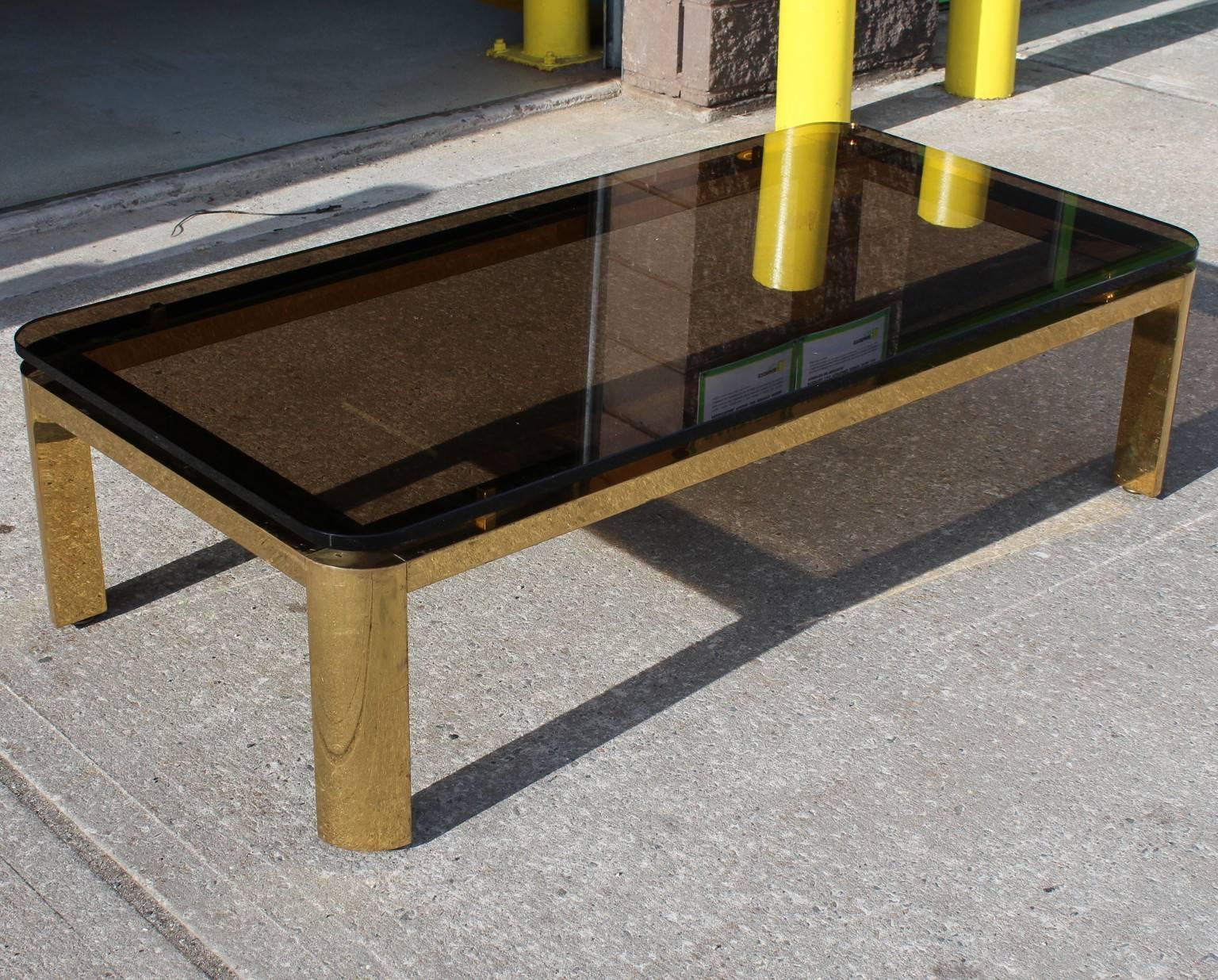 Modern Pace Collection Floating Smoked Glass Top Coffee Table in Brass
