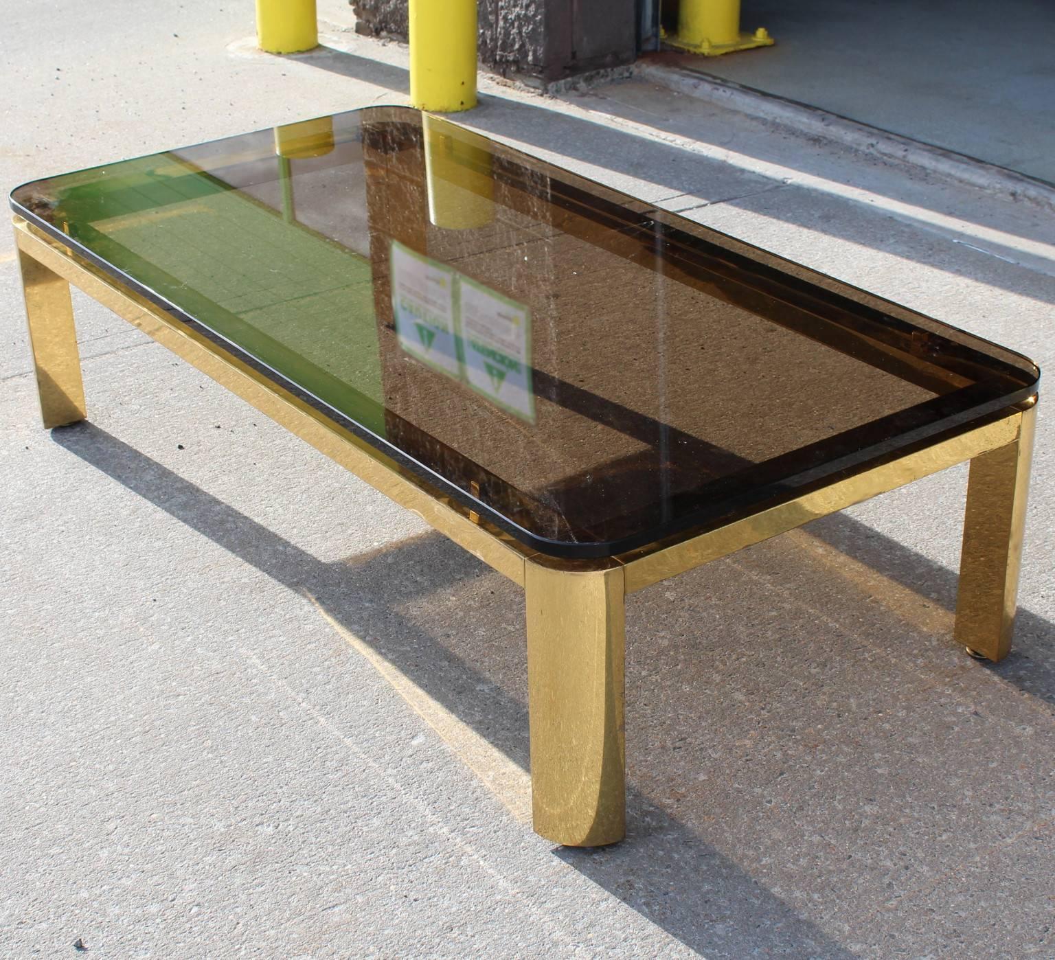 Pace Collection Floating Smoked Glass Top Coffee Table in Brass In Fair Condition In New York, NY