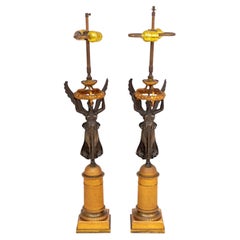Pair of French Empire "Winged Victory" Bronze Lamps