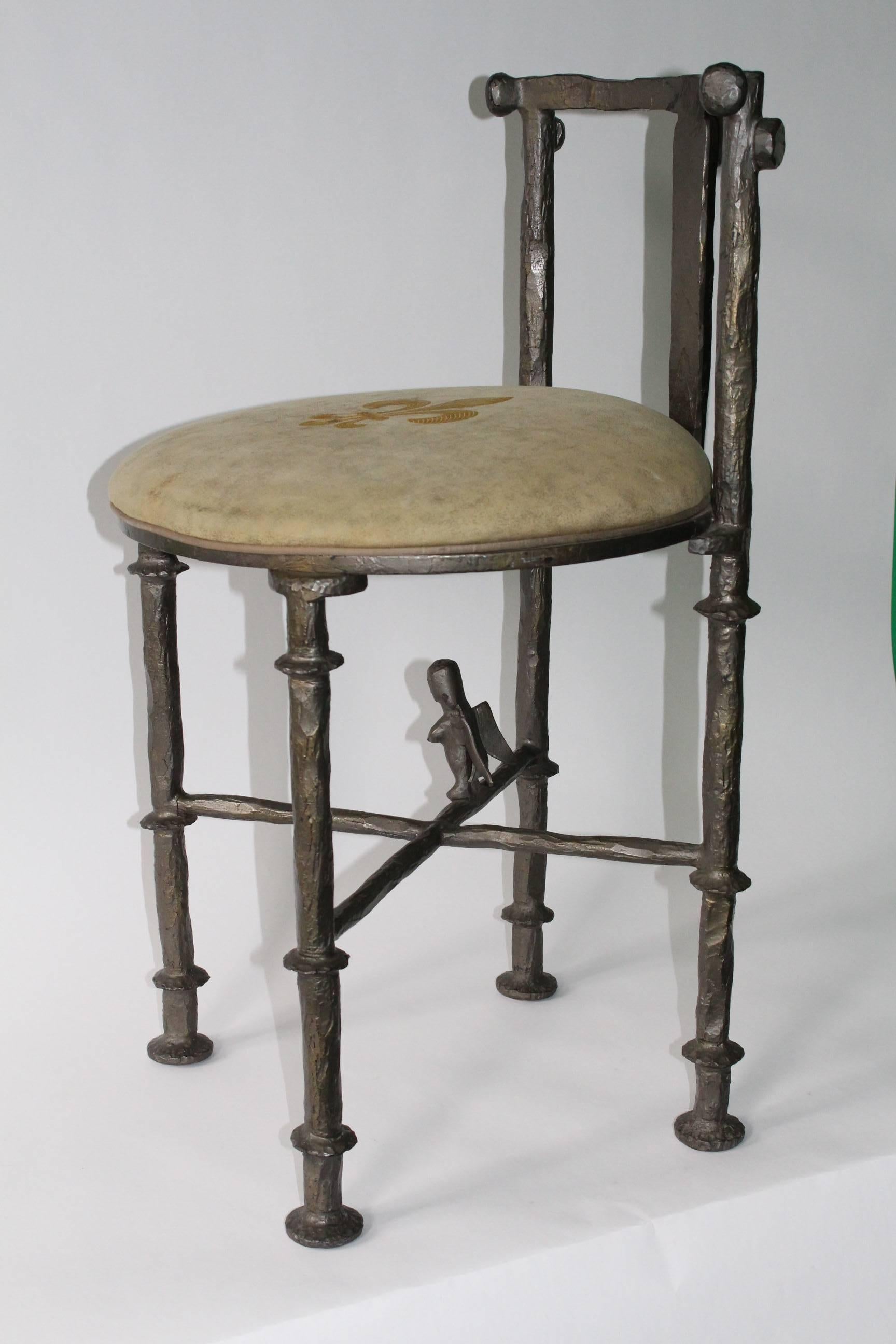Diego Giacometti Style Stool in Patinated Dark Green Steel 4