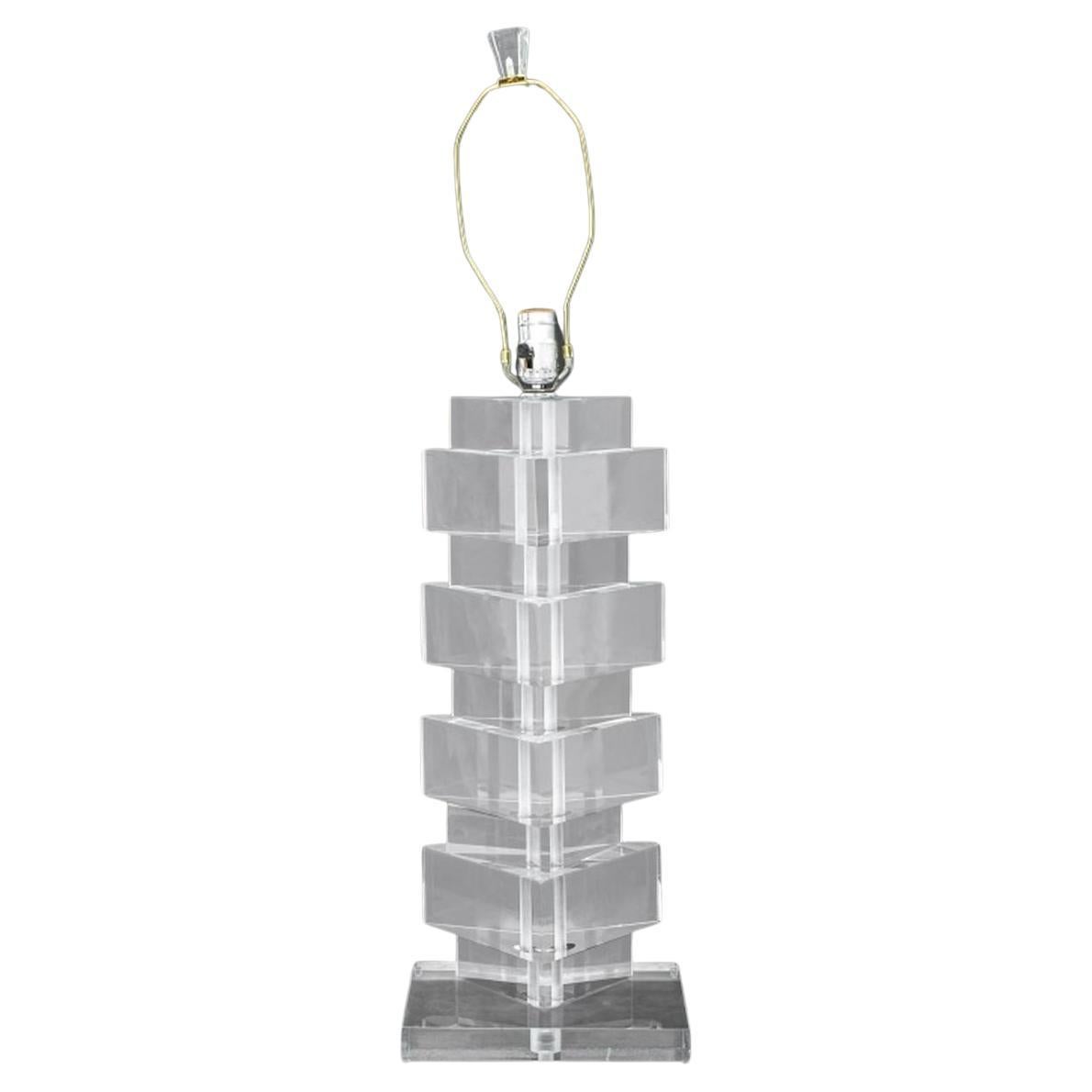 Karl Springer Style Triangular Column Clear Acrylic Lamp For Sale