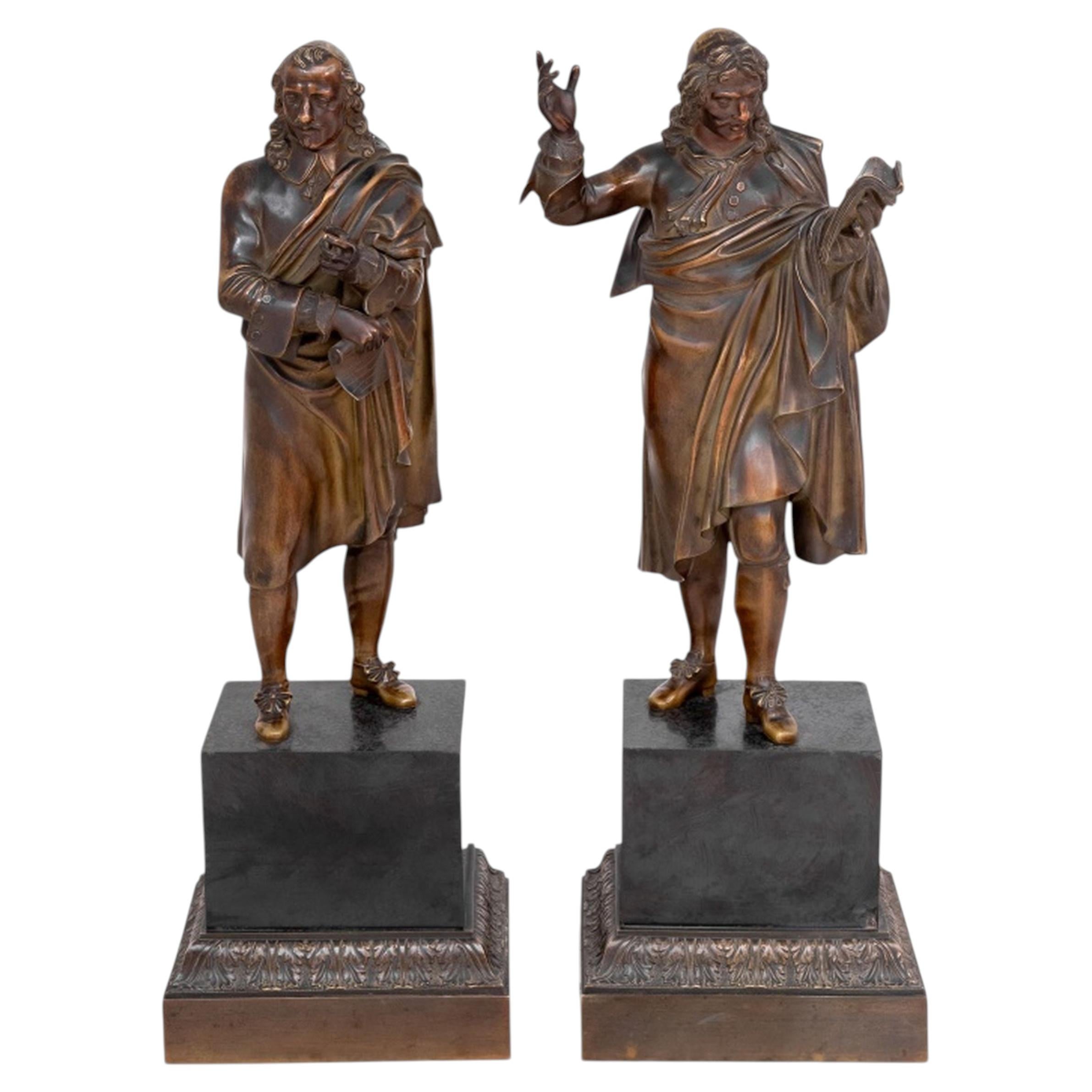 French "Moliere" and "Cornielle" Pair of Patinated Bronze Sculptures