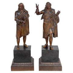 French "Moliere" and "Cornielle" Pair of Patinated Bronze Sculptures