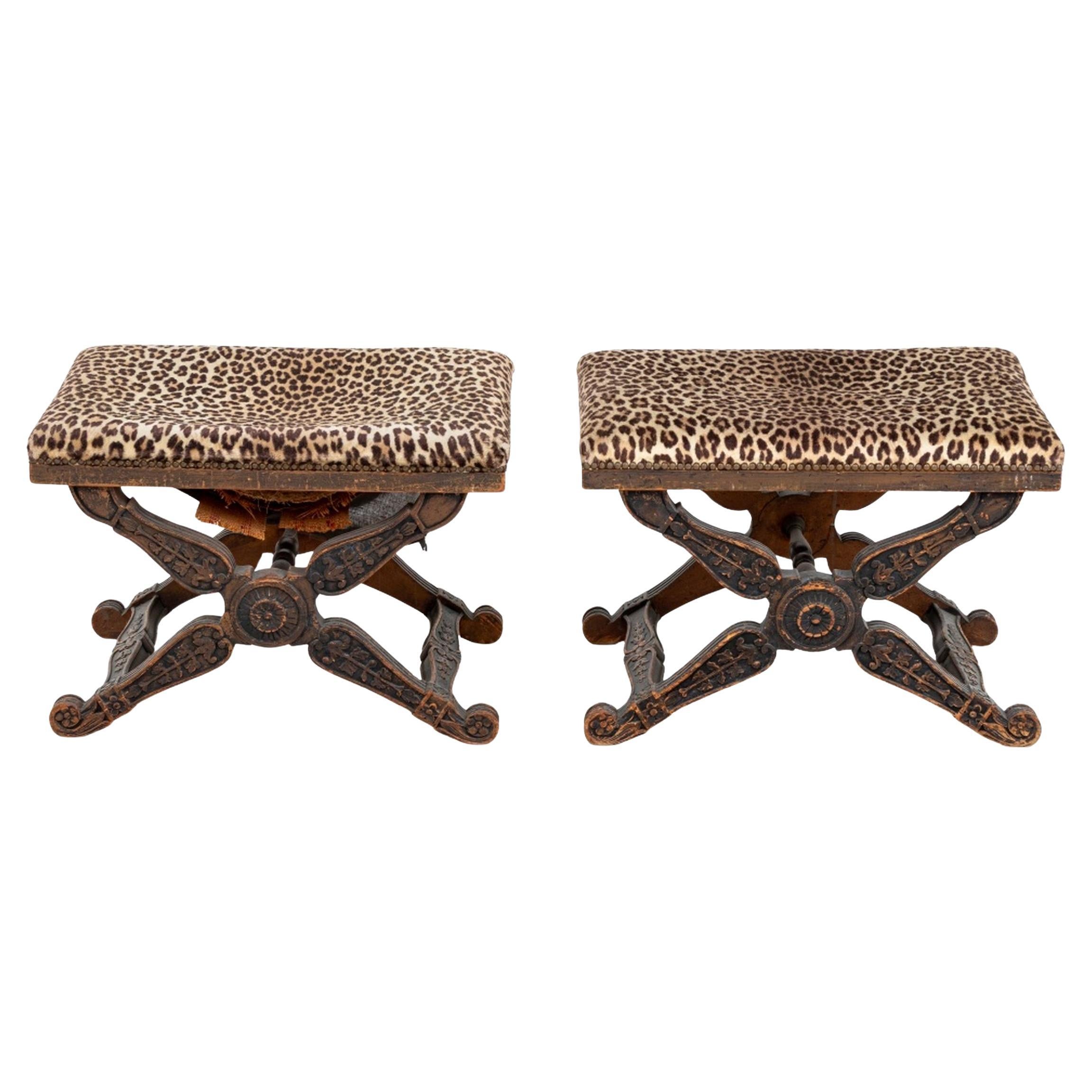 Regency Style Carved Wood Leopard Print Stools, 2 For Sale