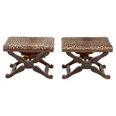 Regency Style Carved Wood Leopard Print Stools, 2