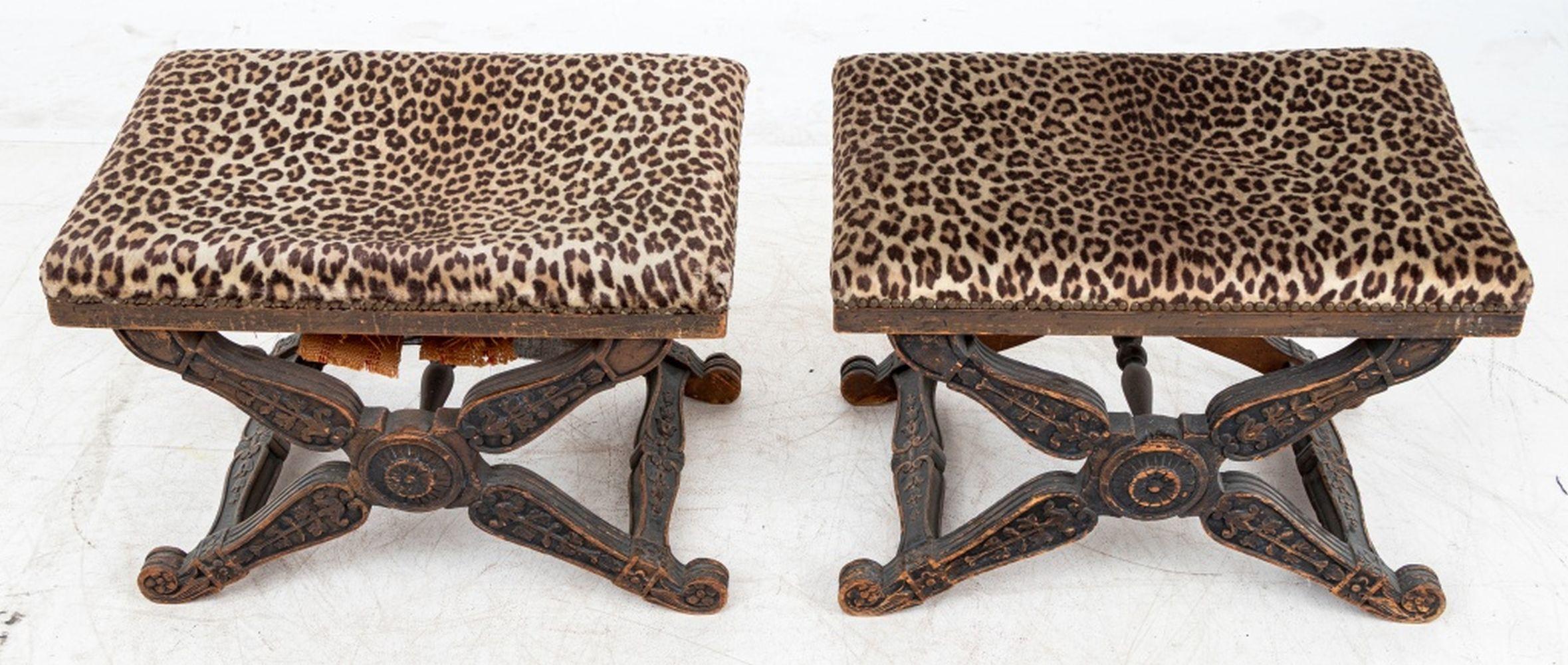 Regency Style Carved Wood Leopard Print Stools, 2 In Good Condition For Sale In Astoria, NY