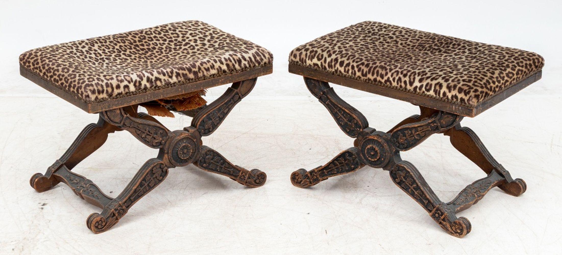 Upholstery Regency Style Carved Wood Leopard Print Stools, 2 For Sale