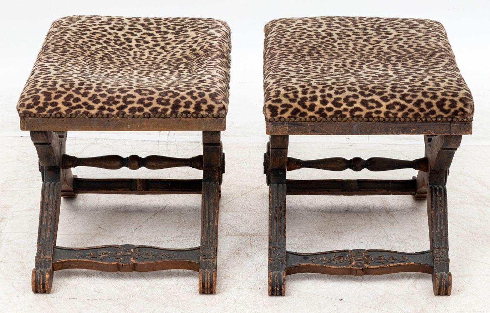 Regency Style Carved Wood Leopard Print Stools, 2 For Sale 1