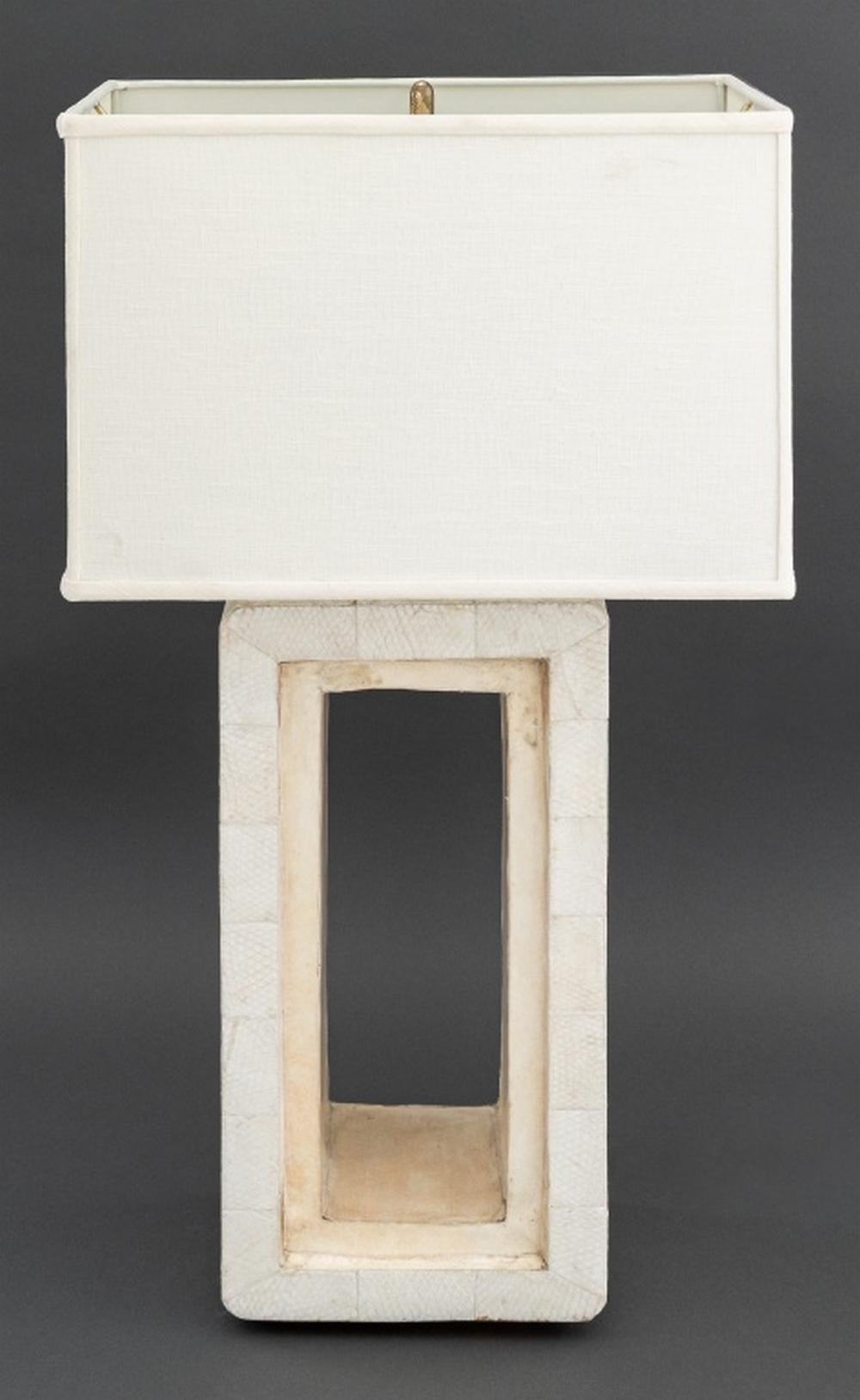 R&Y Augousti White Snakeskin Table Lamp, with white linen lampshade and marked with 